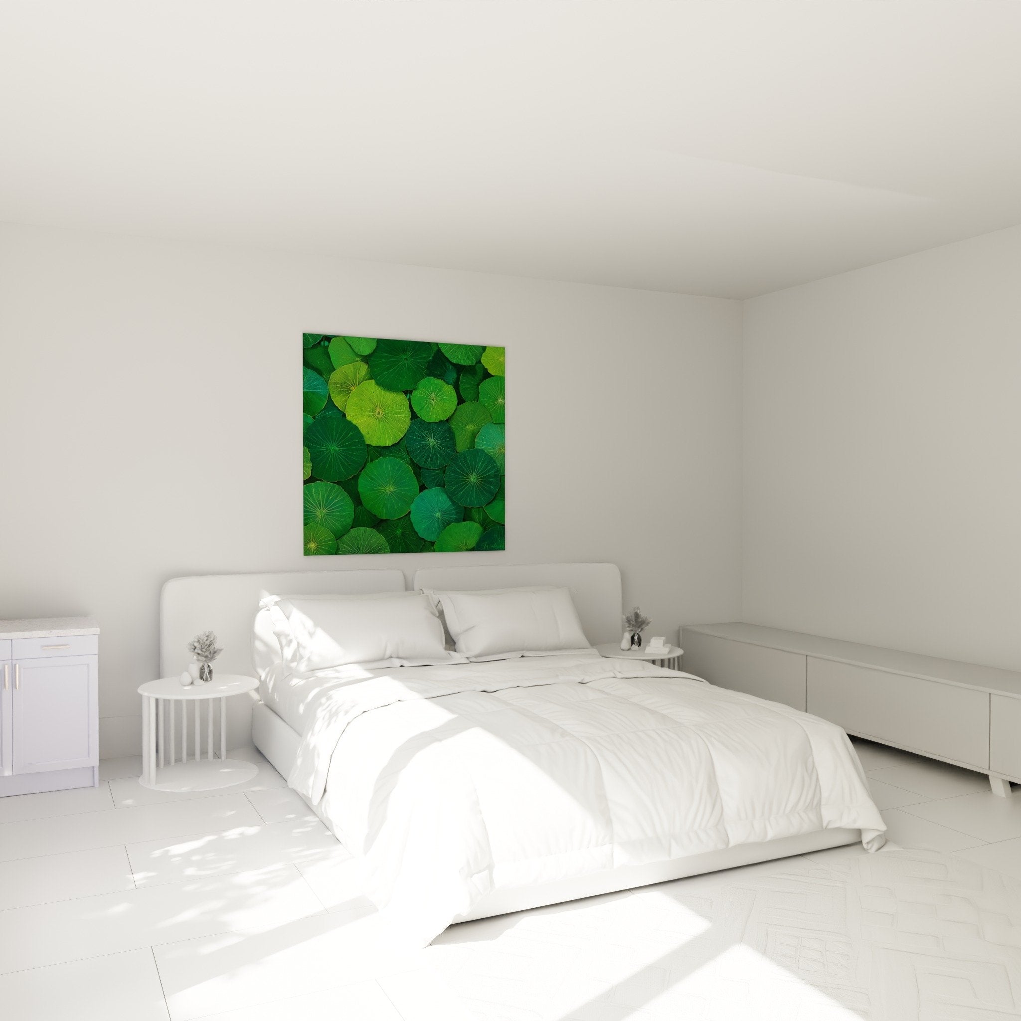 Tableau feuilles lotus vertes decoration murale chambre ambiance zen apaisante nature