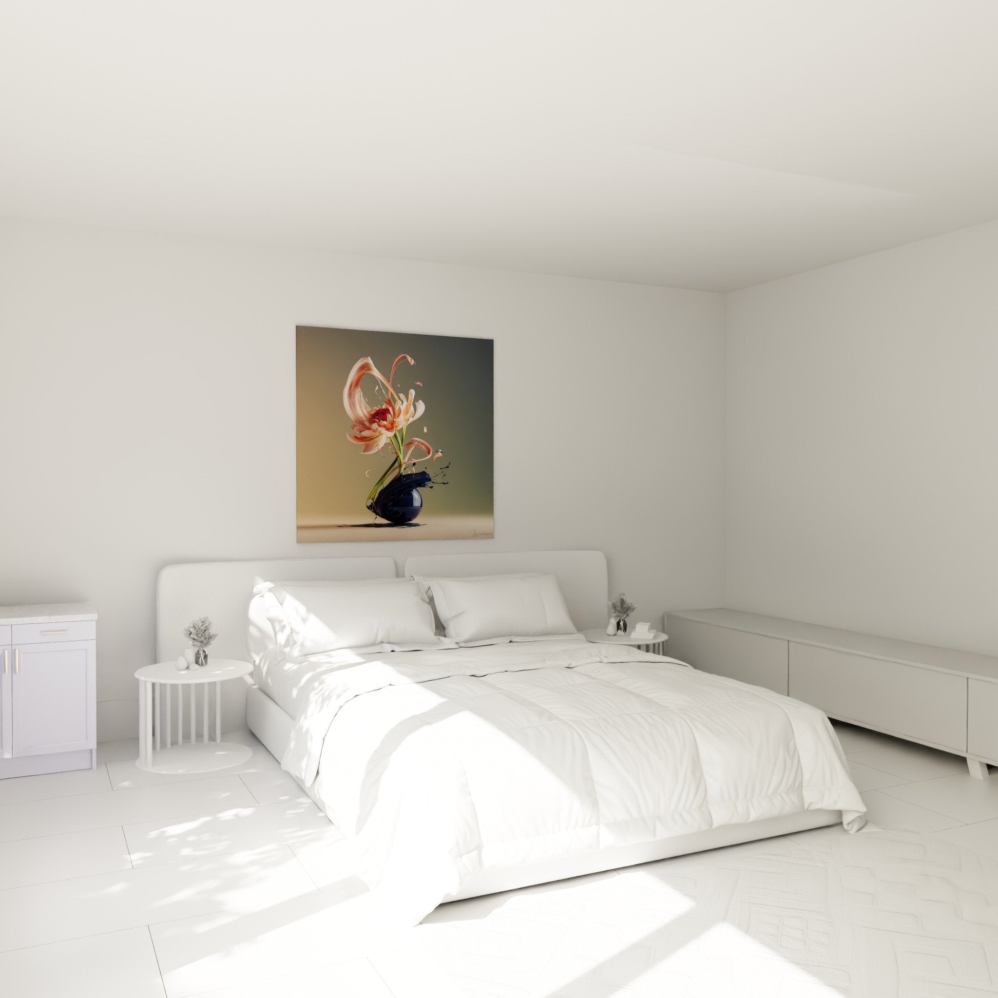 Decoration murale fleur lys rose et vase bleu dans chambre moderne aux tons apaises pour ambiance zen