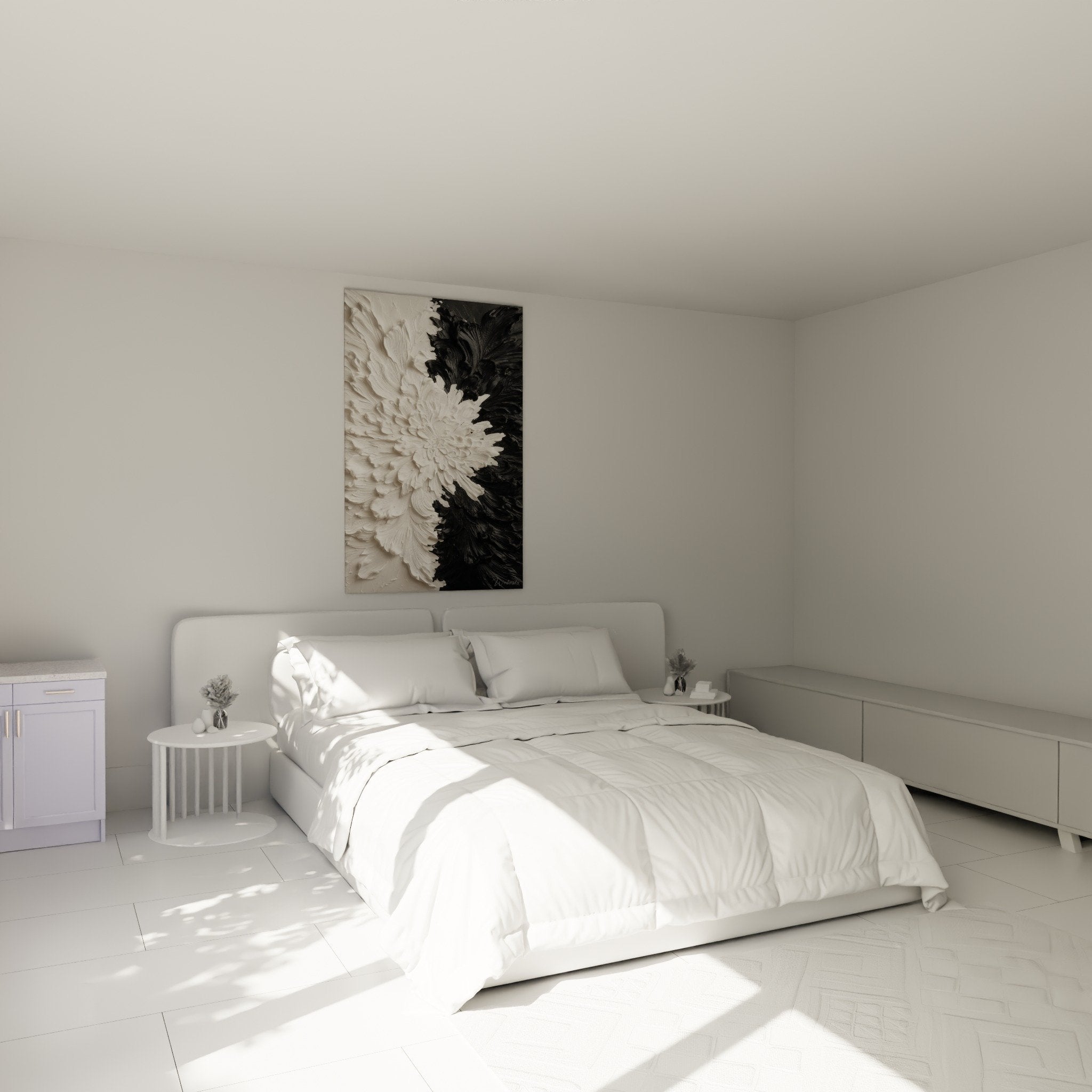 Decoration murale fleur relief blanc noir chambre moderne feng shui nord ouest metal zen
