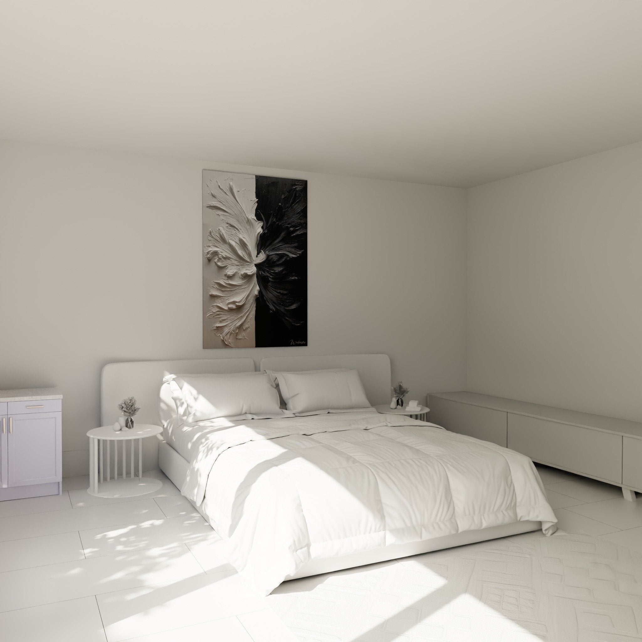 Deco chambre tableau fleur sculptee relief blanc noir ambiance zen moderne feng shui metal