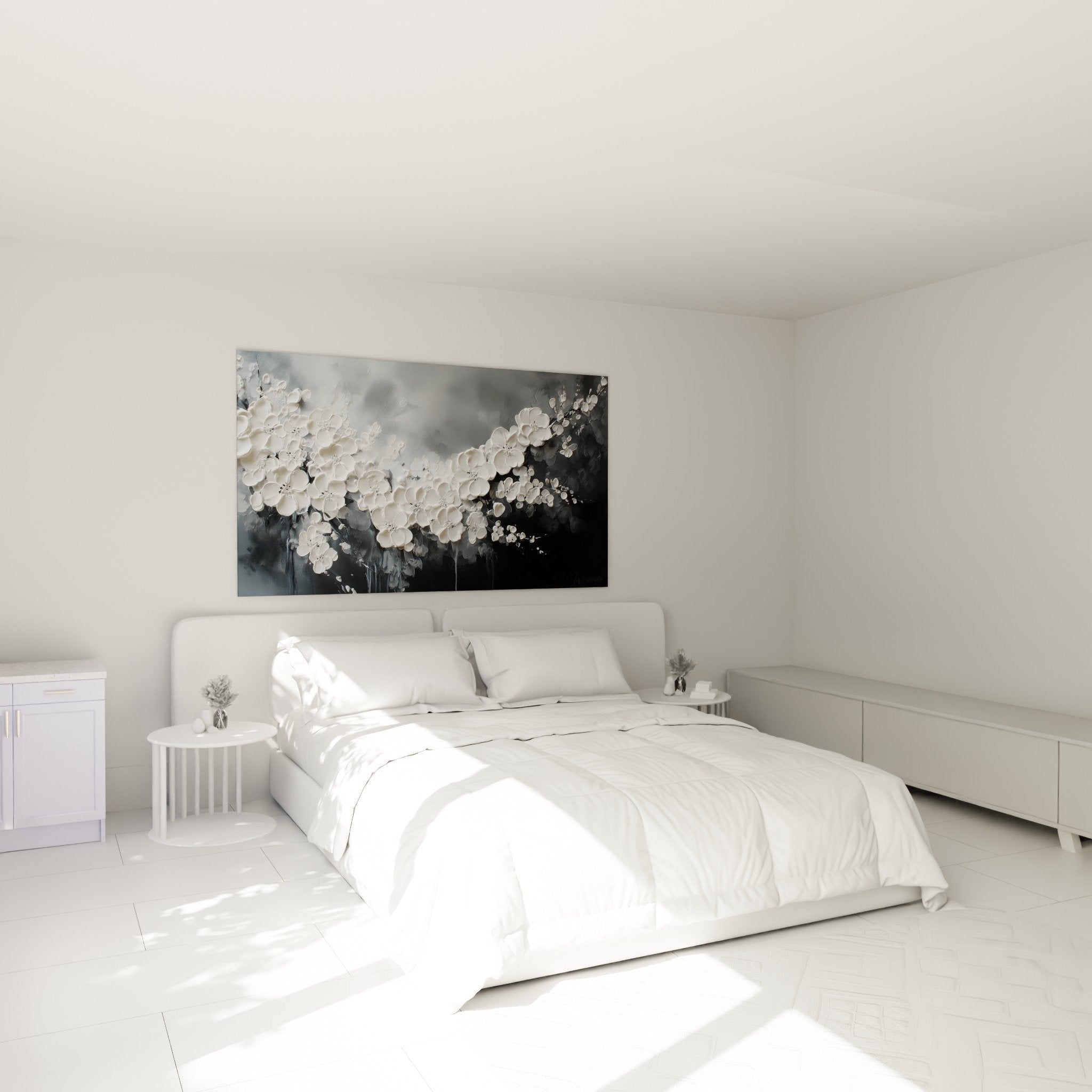 decoration chambre tableau fleurs blanches relief mur gris ambiance zen moderne feng shui