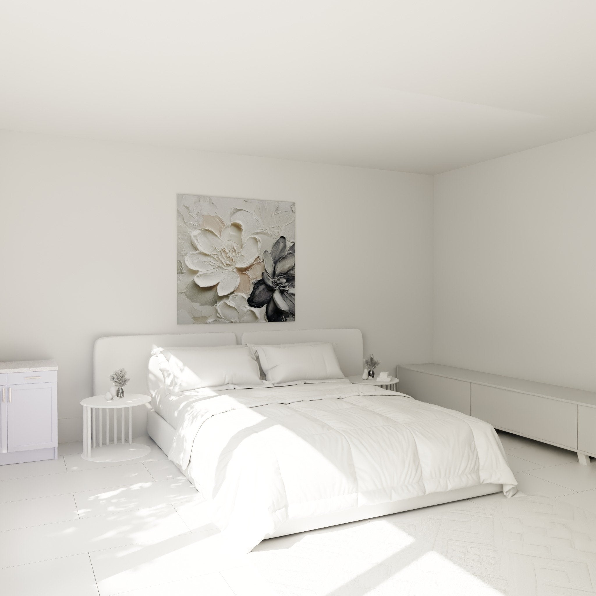 Décoration chambre tableau fleurs relief blanc gris ambiance zen feng shui métal mur tête de lit