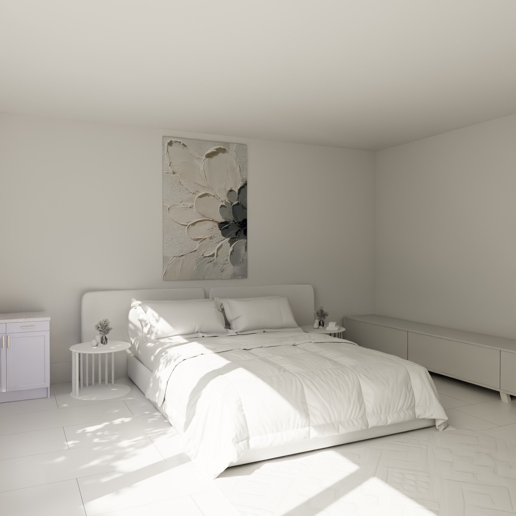 Decoration chambre tableau fleurs relief blanc gris feng shui metal moderne