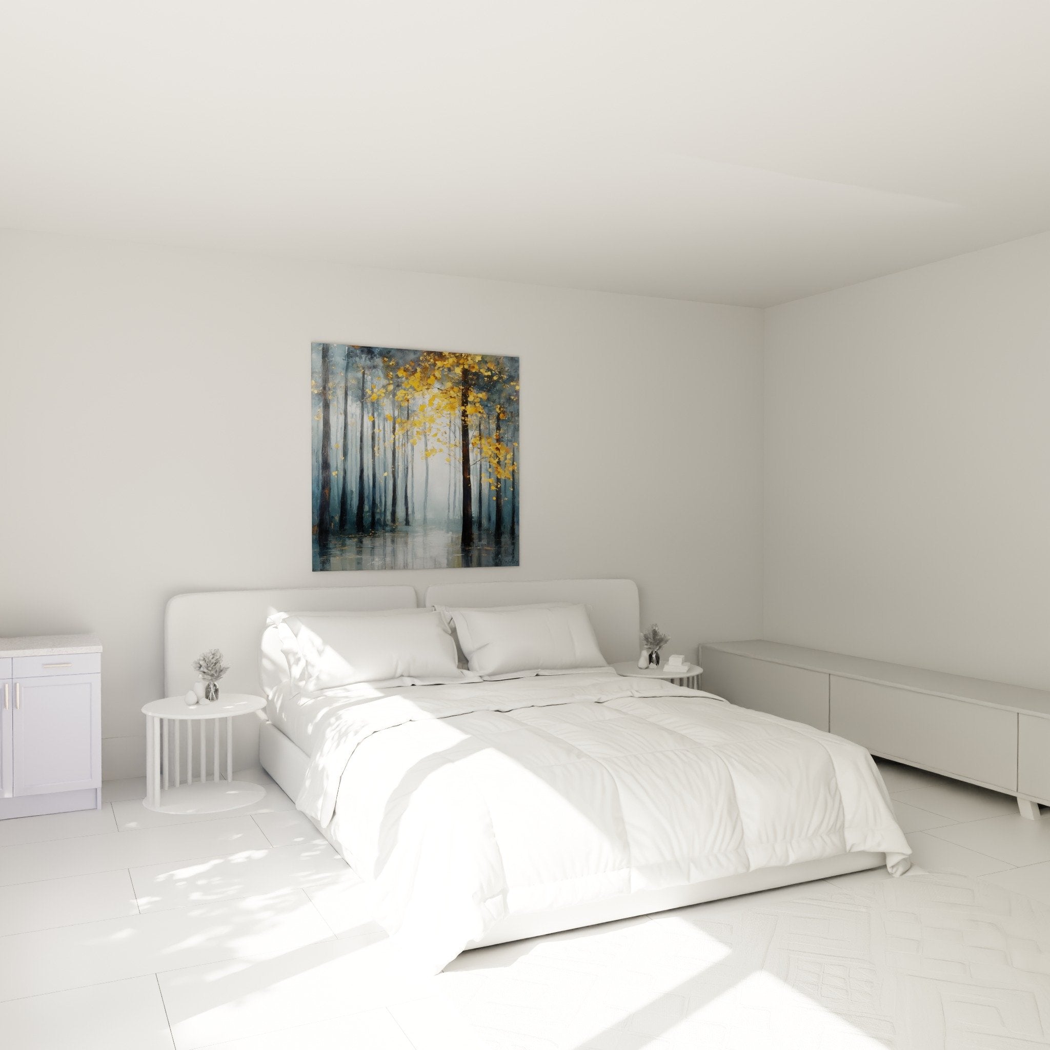 Deco chambre tableau foret automnale brumeuse tons bleus dores ambiance apaisante feng shui
