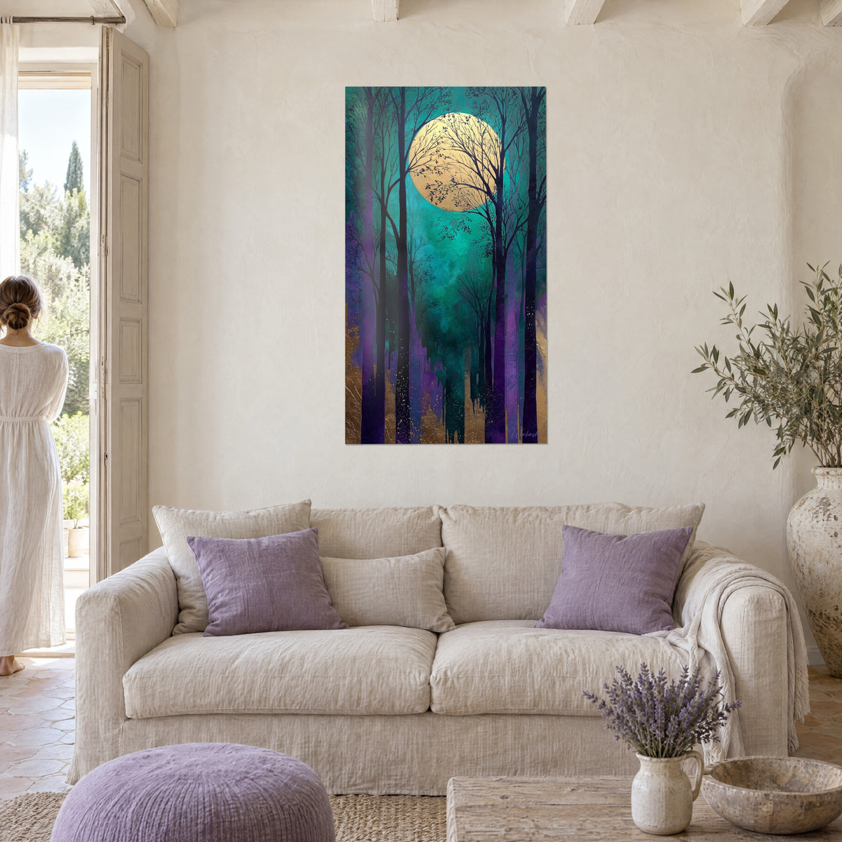 Wall art nocturnal turquoise forest under a golden full moon, purple trunks, a woman seen from behind, above a sofa in a bright living room