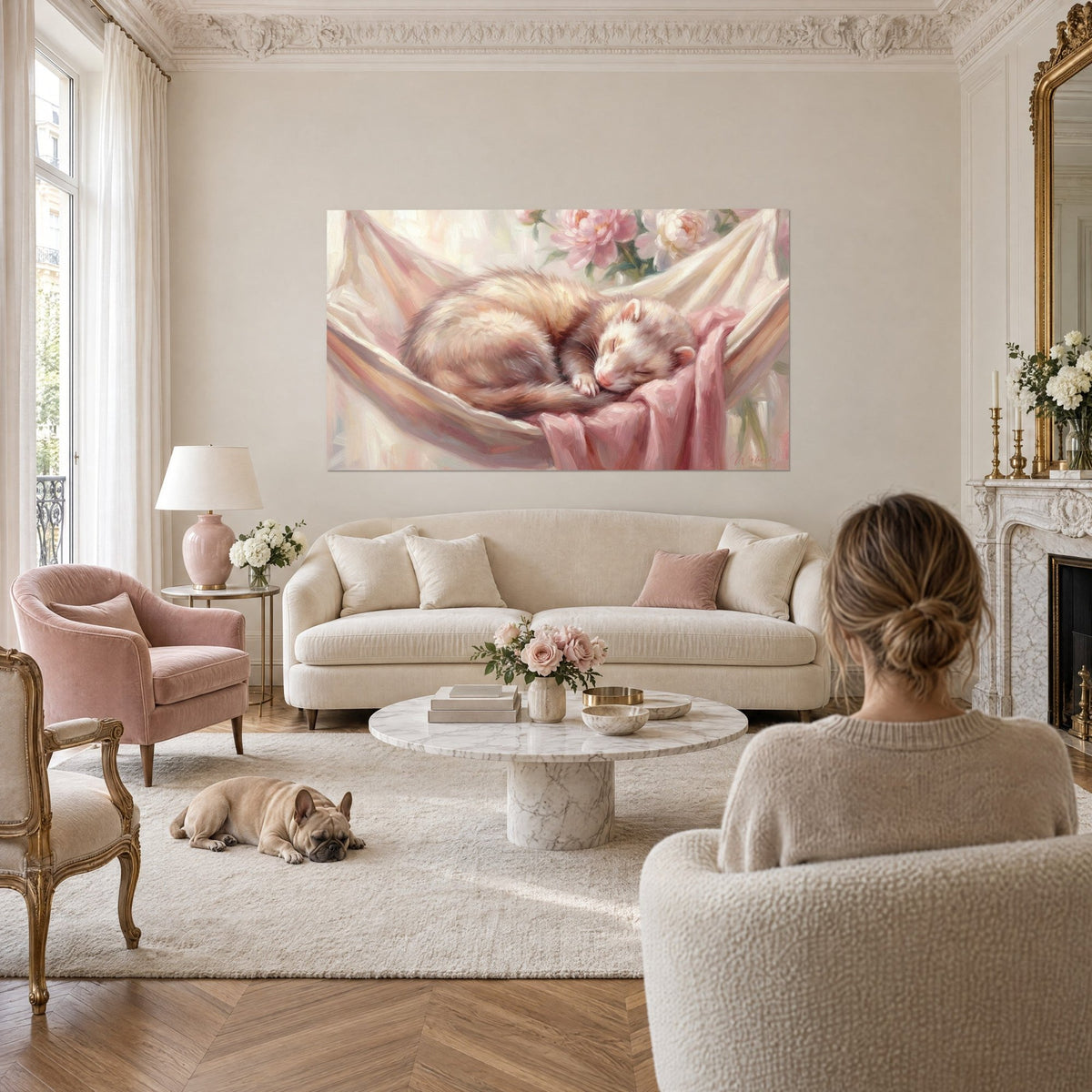 Quadro furetto addormentato, pelo crema e sabbia, in un'amaca rosa cipria accanto a peonie, sopra un divano in un soggiorno luminoso