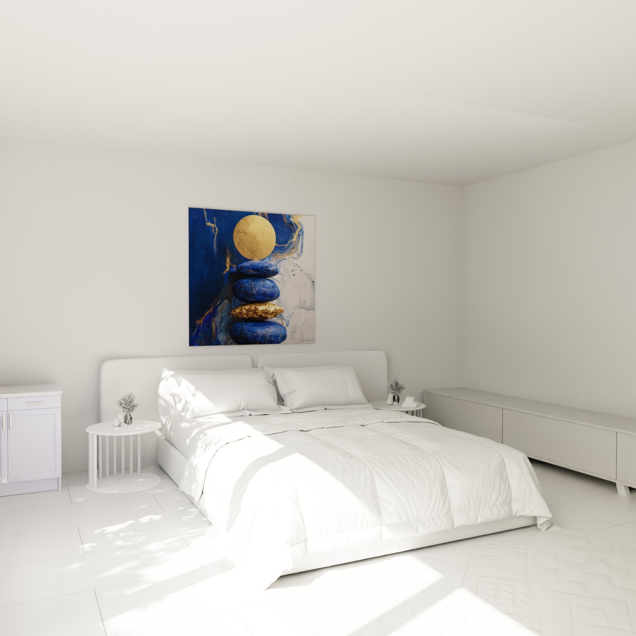 Bedroom decoration blue gold pebbles wall art zen feng shui north water serenity