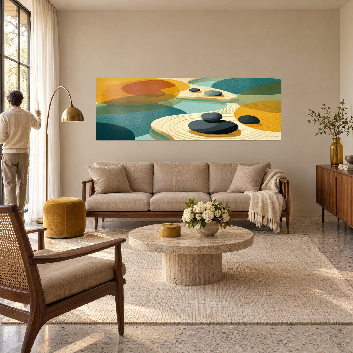 Wall art zen garden of raked sand, black pebbles stacked on golden and teal circles, man seen from behind, above a sofa in a bright living room