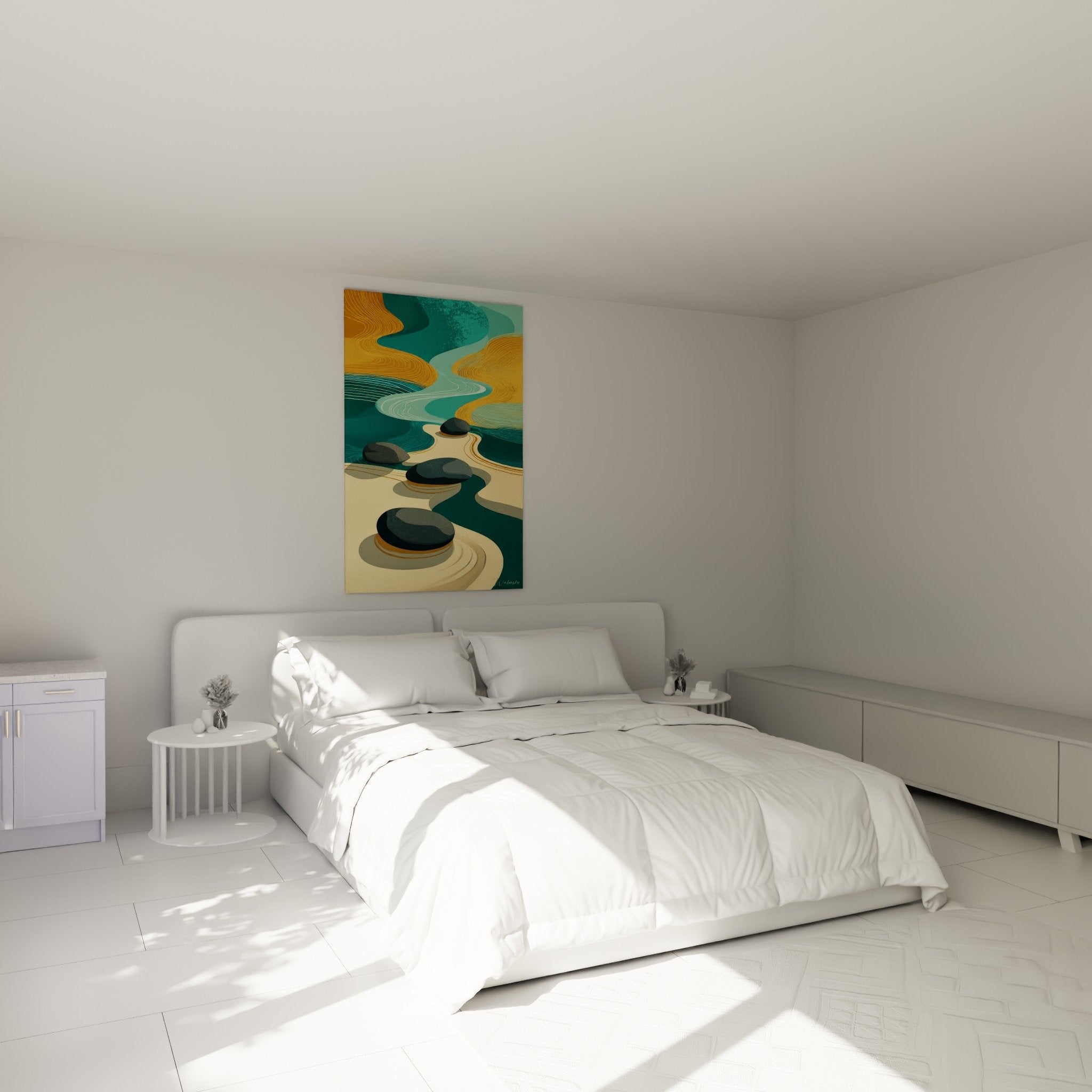 Bedroom wall art turquoise and ochre zen pebbles relaxing atmosphere above contemporary bed