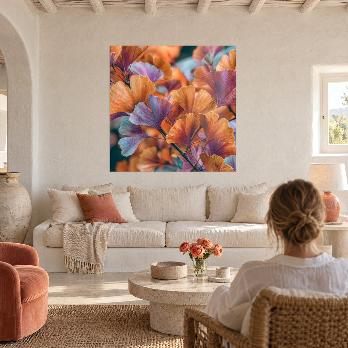 Wall art of orange and purple ginkgo leaves with fine veins, a woman seen from behind, above a sofa in a bright living room