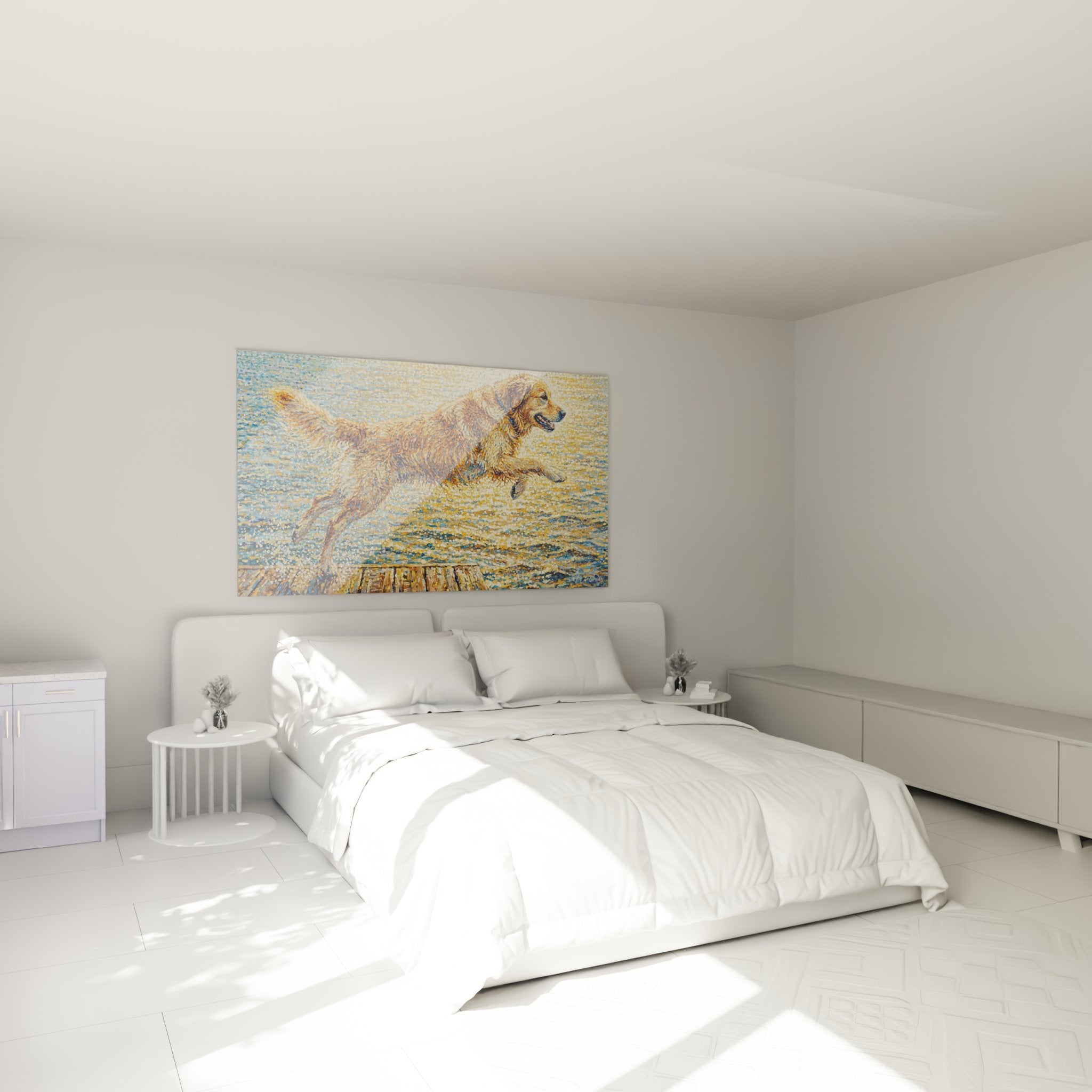 Golden retriever jumping wall art bedroom decoration golden water warm atmosphere white wall