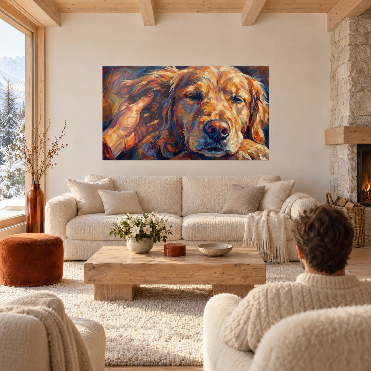 Πίνακας Golden Retriever που κοιμάται με κλειστά βλέφαρα, τρίχωμα ώχρας και μεσονύχτιου μπλε, χάδι με το χέρι, πάνω από καναπέ σε φωτεινό σαλόνι