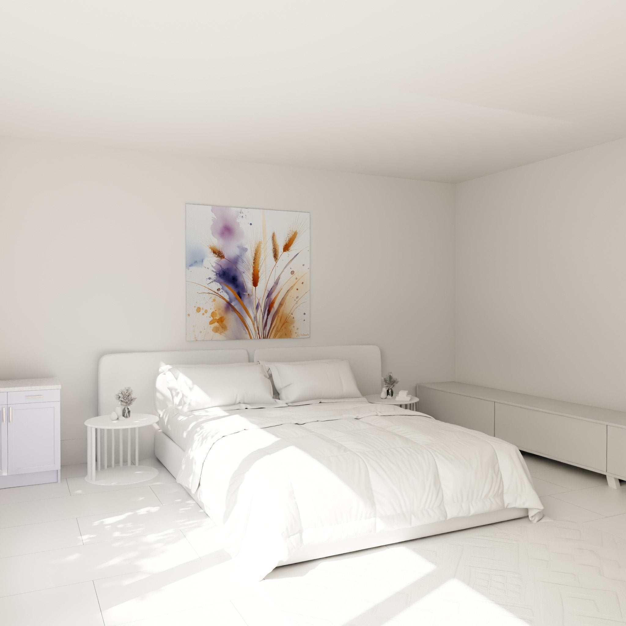 Tableau graminées aquarelle épis dorés déco chambre ambiance naturelle tons pastel violets