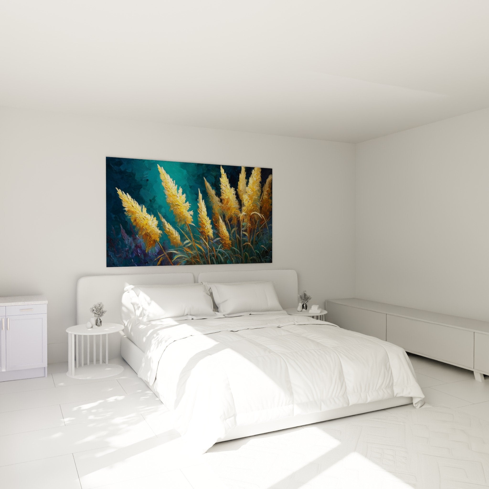 bedroom wall decor golden grass turquoise zen nature ambiance mural artwork