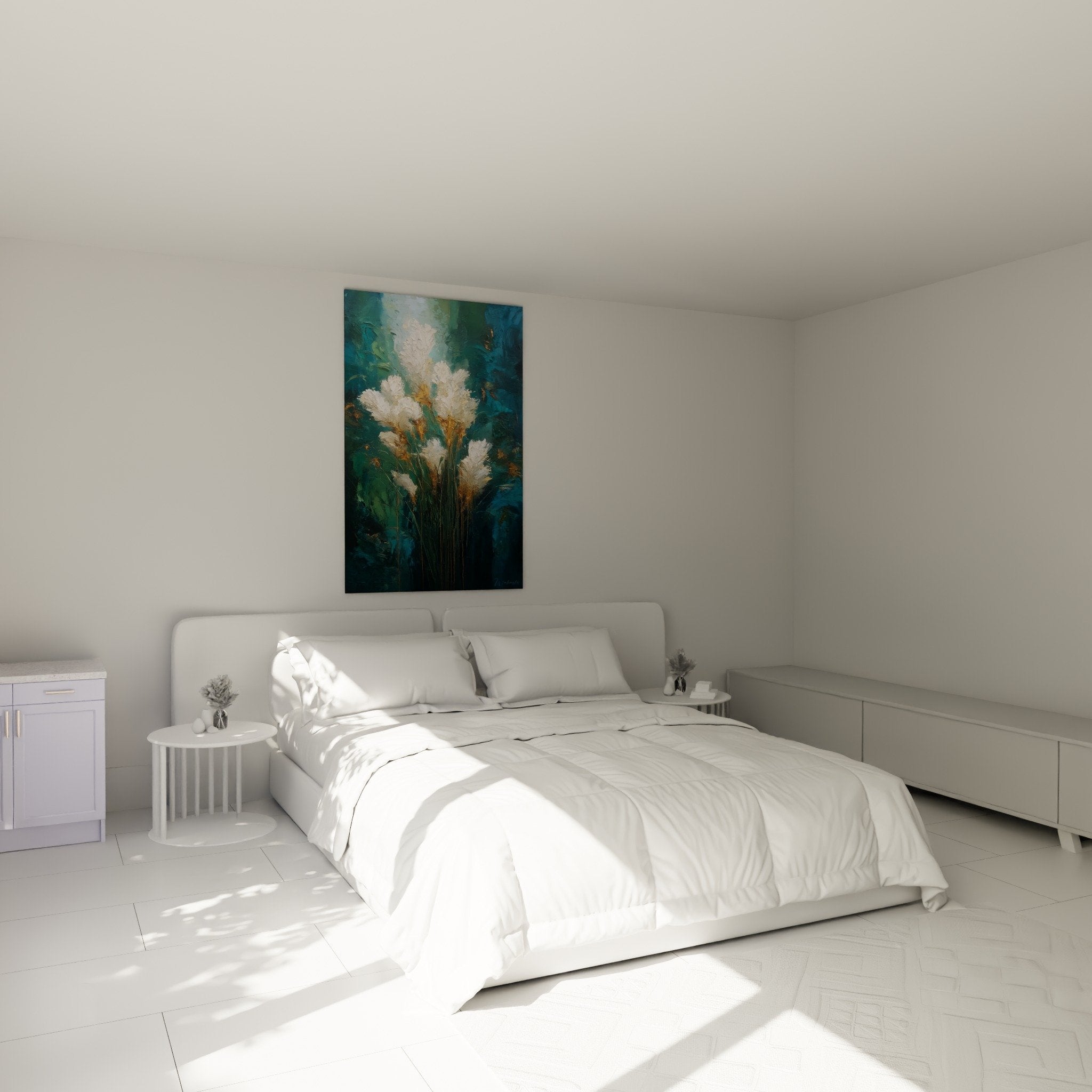 Décoration murale chambre graminées dorées turquoise ambiance naturelle apaisante tableau végétal moderne