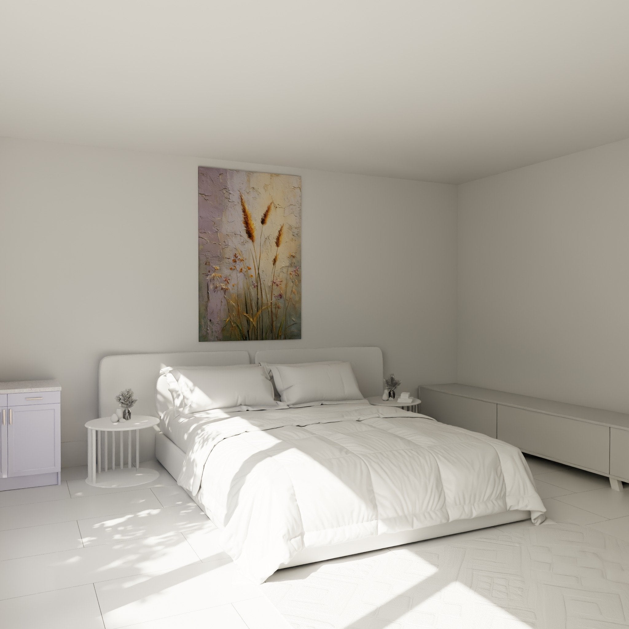 Déco chambre tableau graminées dorées épis automne ambiance cocooning mur beige
