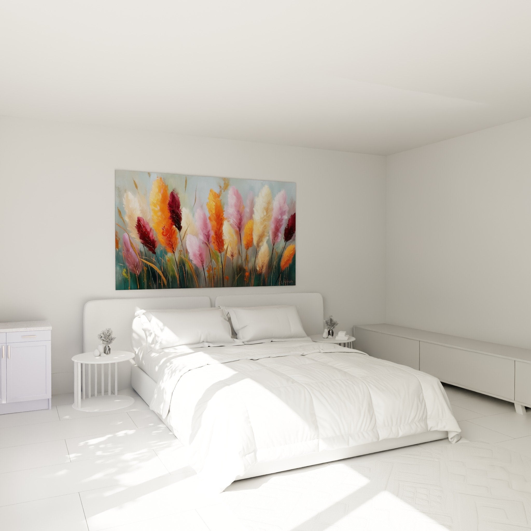 Bedroom decoration with colorful feather pampas grass wall art in orange and pink tones
