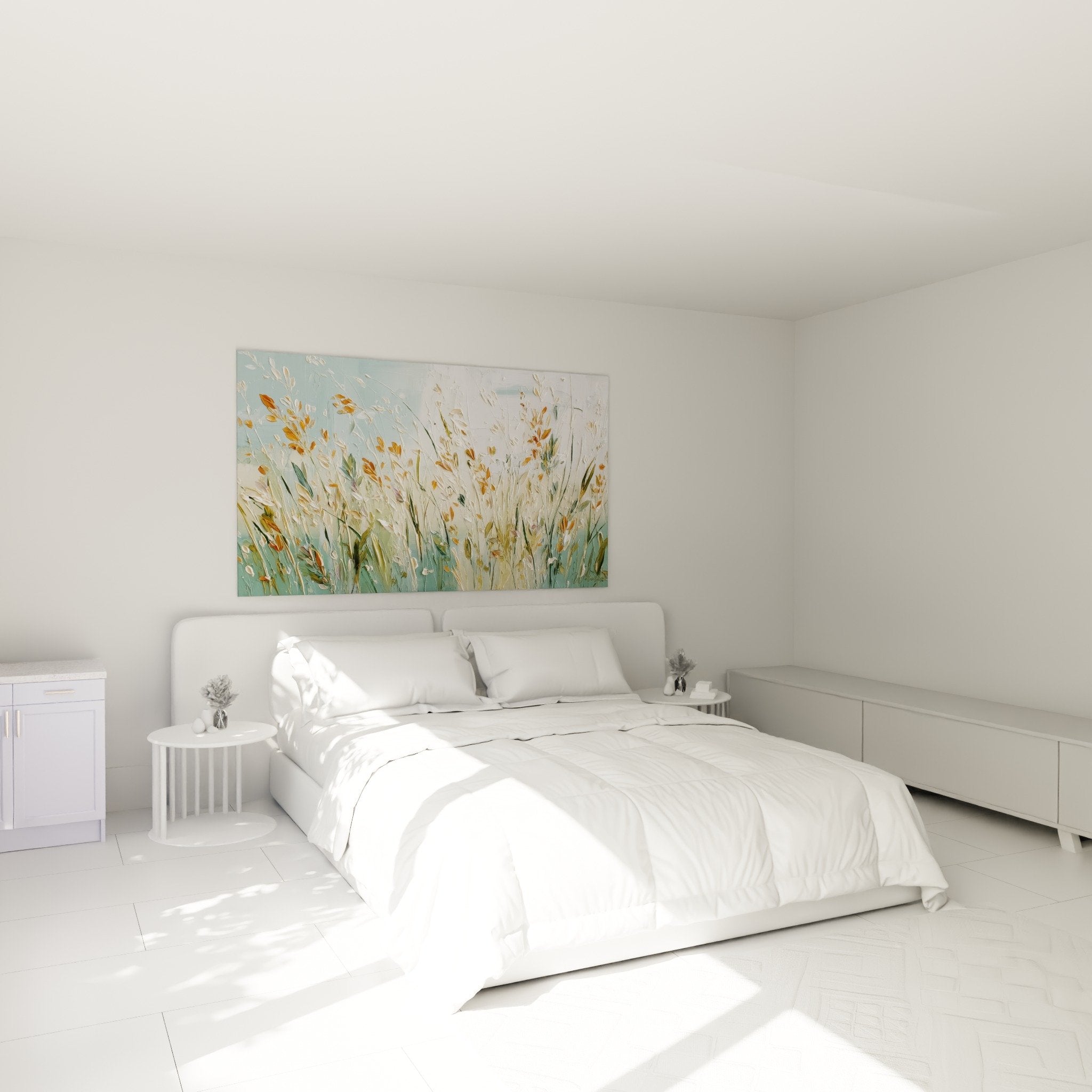 Bedroom wall art grasses prairie golden natural calming atmosphere pastel tones
