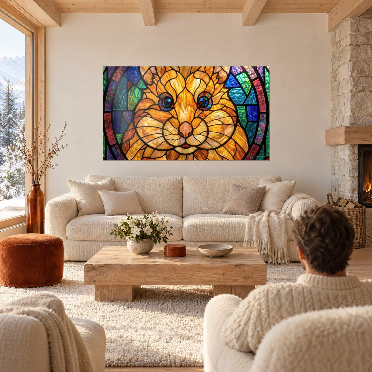 Wall art stained-glass style hamster with violet eyes, amber and emerald green, in a round frame above a sofa in a bright living room
