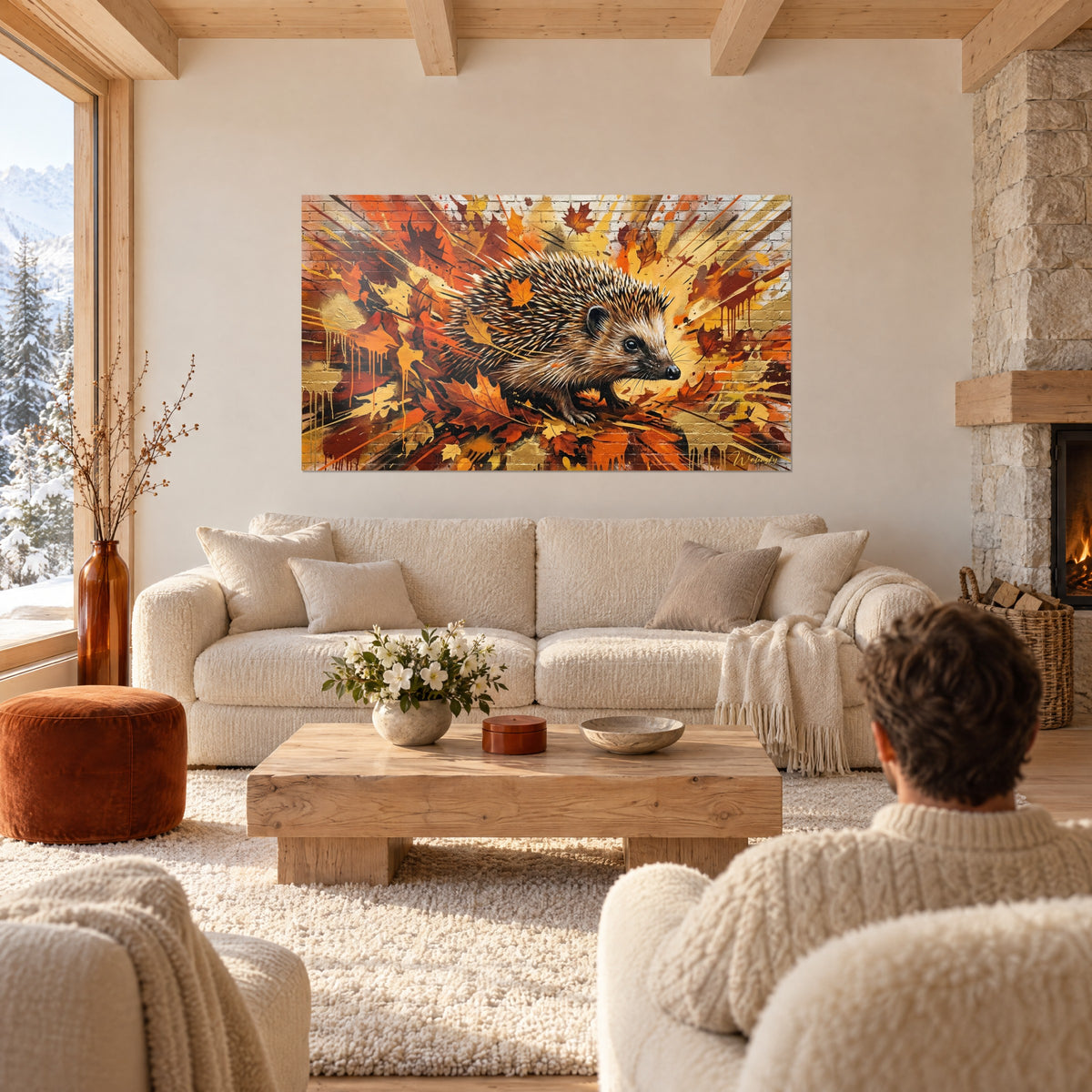 Gemälde Igel mit braunen und cremefarbenen Stacheln zwischen orangefarbenen und rostroten Blättern, über einem Sofa in einem hellen Wohnzimmer