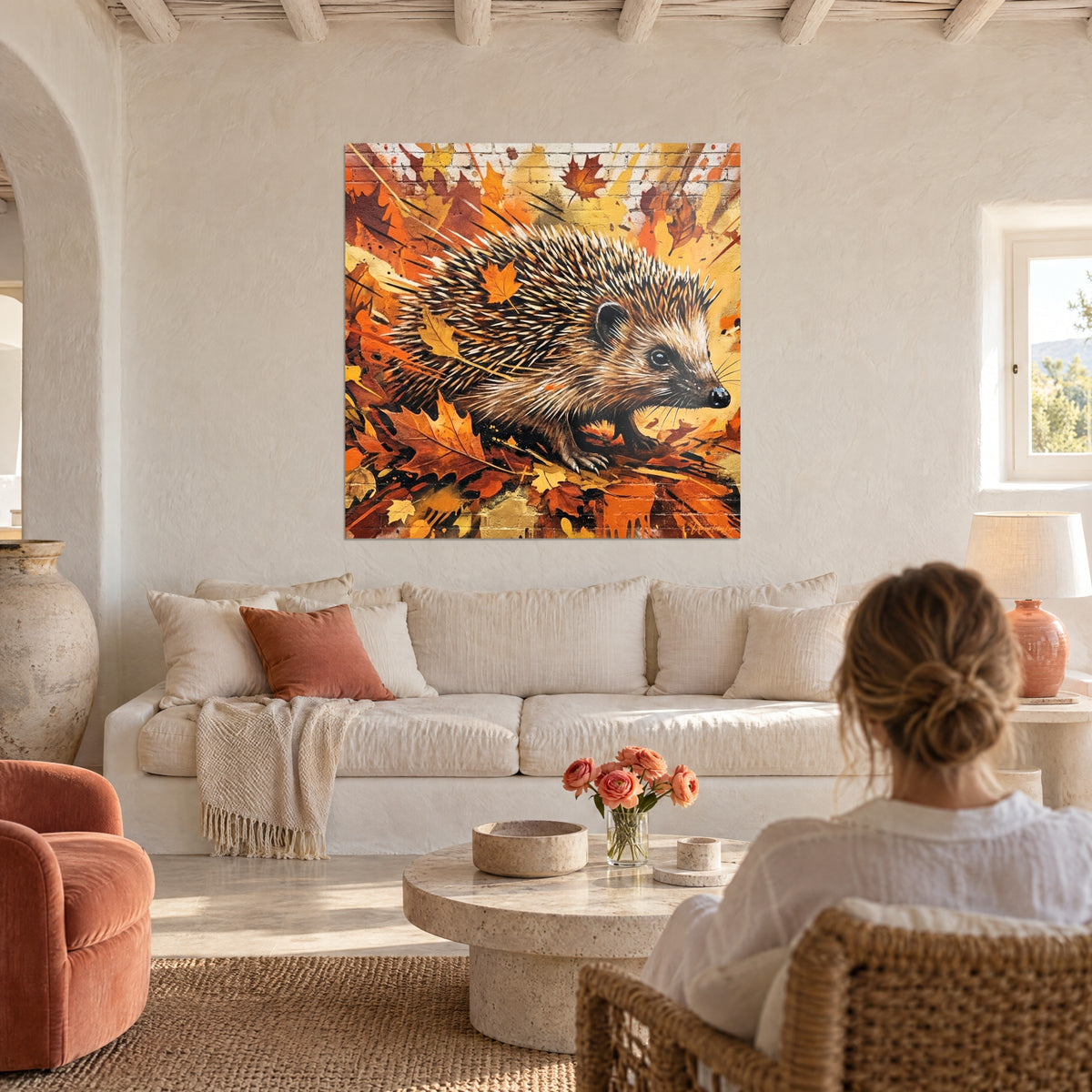 Tableau hérisson aux piquants ivoire et bruns parmi des feuilles orange, mur de briques, au-dessus d'un canapé dans un salon lumineux