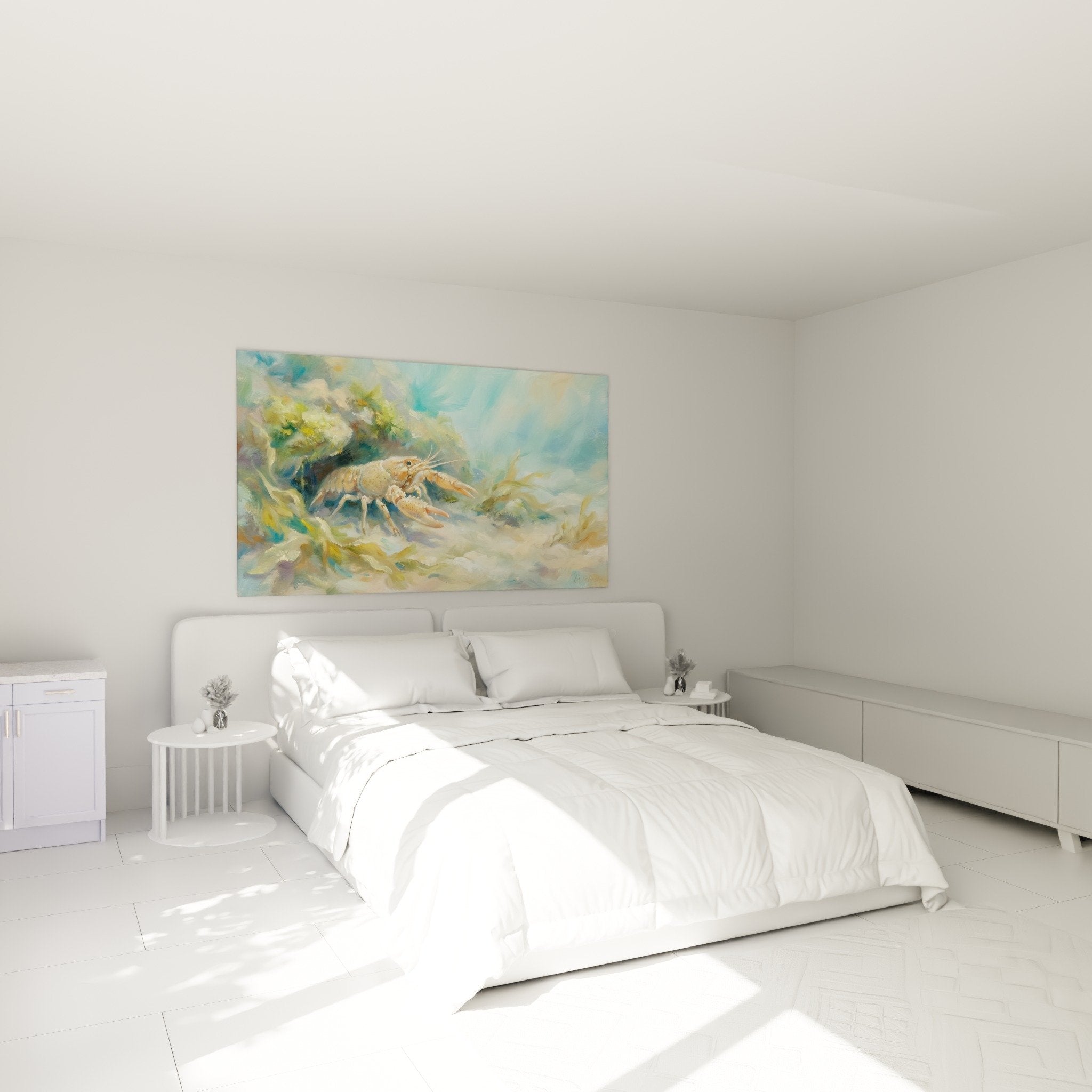 Wanddekoration Hummer Aquarell Schlafzimmer marine blaue grüne orange beruhigende Atmosphäre