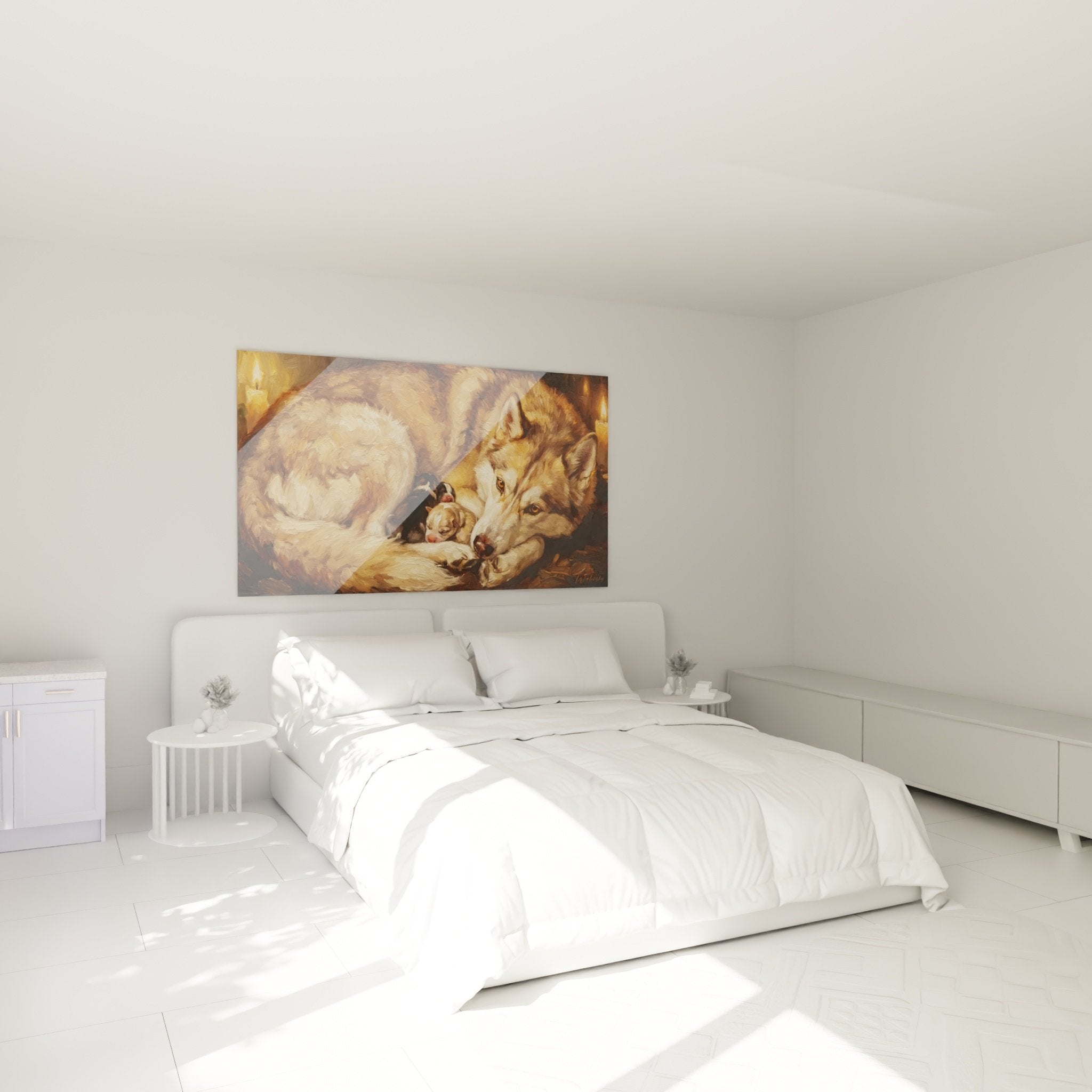 Decoration chambre tableau husky famille maternelle tons ocre beige ambiance cocooning chaleureuse