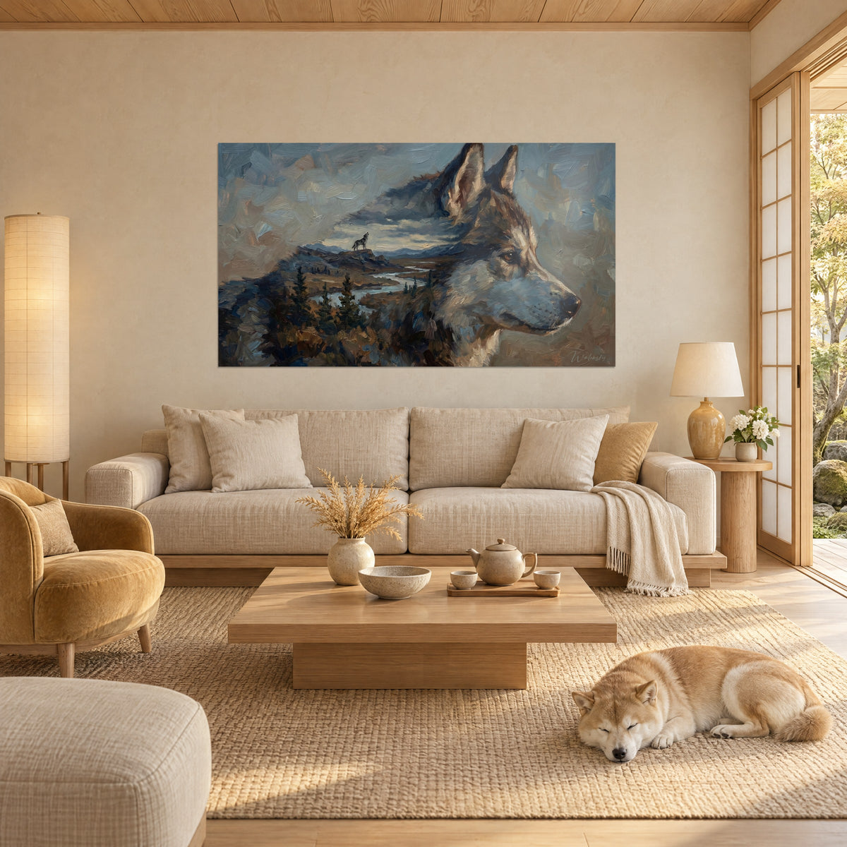 Cuadro retrato de husky de perfil con ojos ámbar, lobo aullando en una cresta, azul pizarra y marrón, encima de un sofá en un salón luminoso