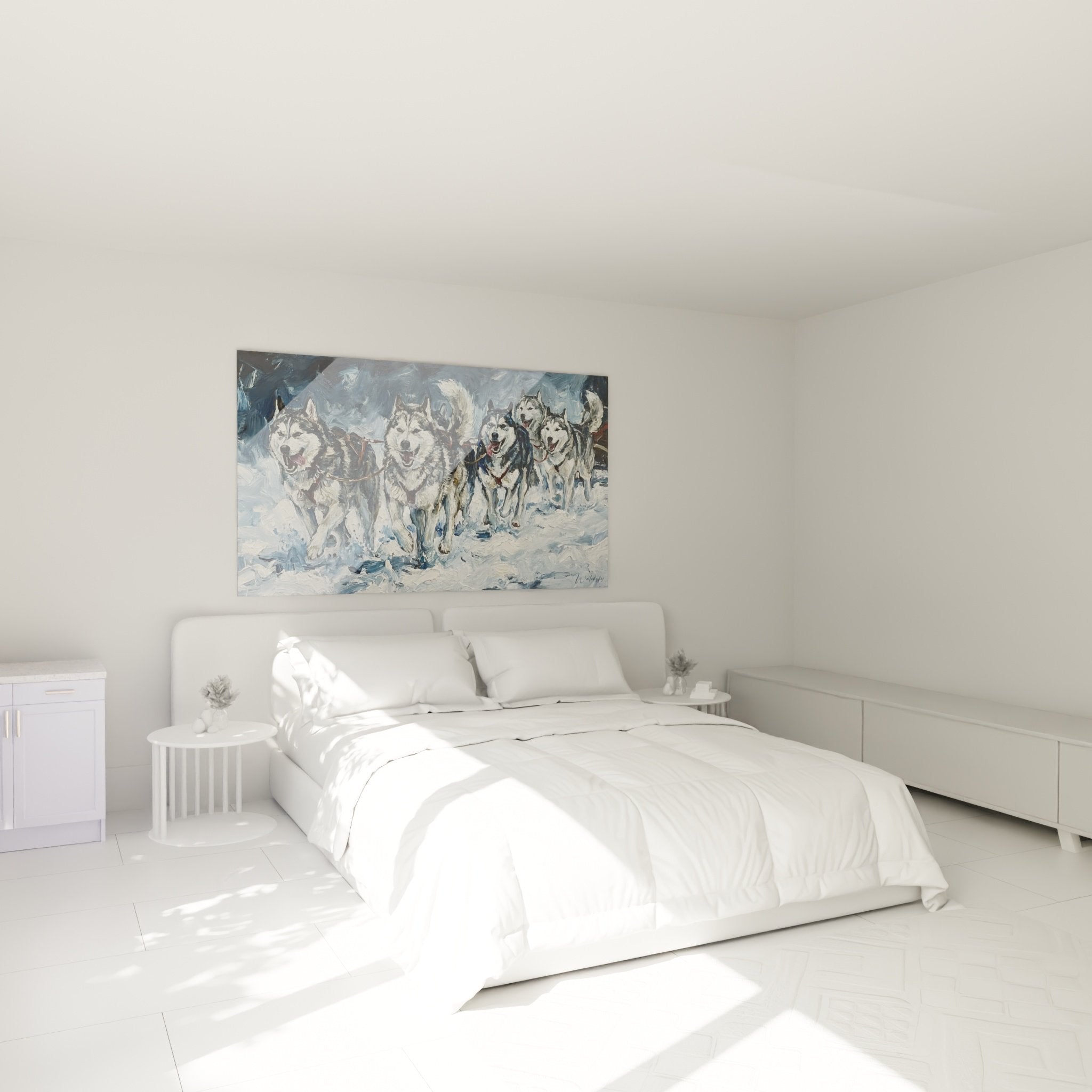 Décoration murale chambre tableau husky sibérien attelage neige ambiance polaire nordique bleu blanc