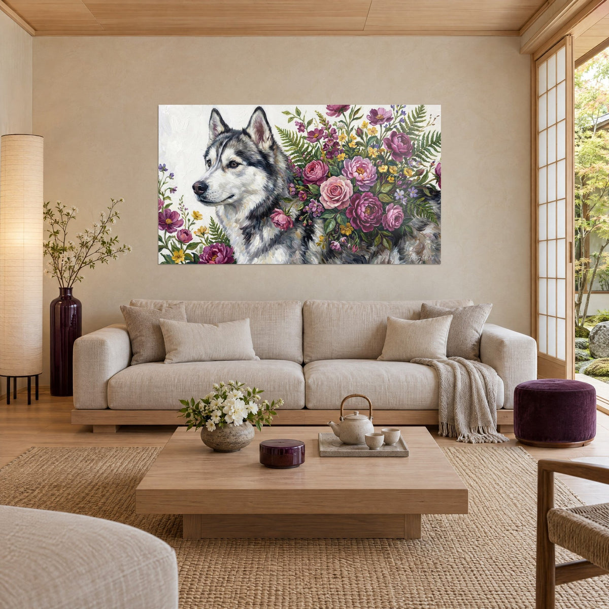 Schilderij grijze en witte husky, blik naar links, omringd door pruimkleurige pioenrozen en rozen, boven een bank in een lichte woonkamer