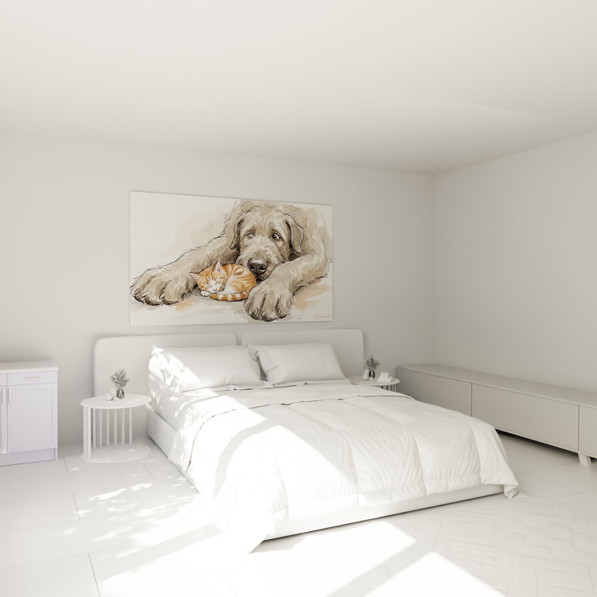 décoration chambre tableau irish wolfhound et chaton ambiance douce beige roux art animalier