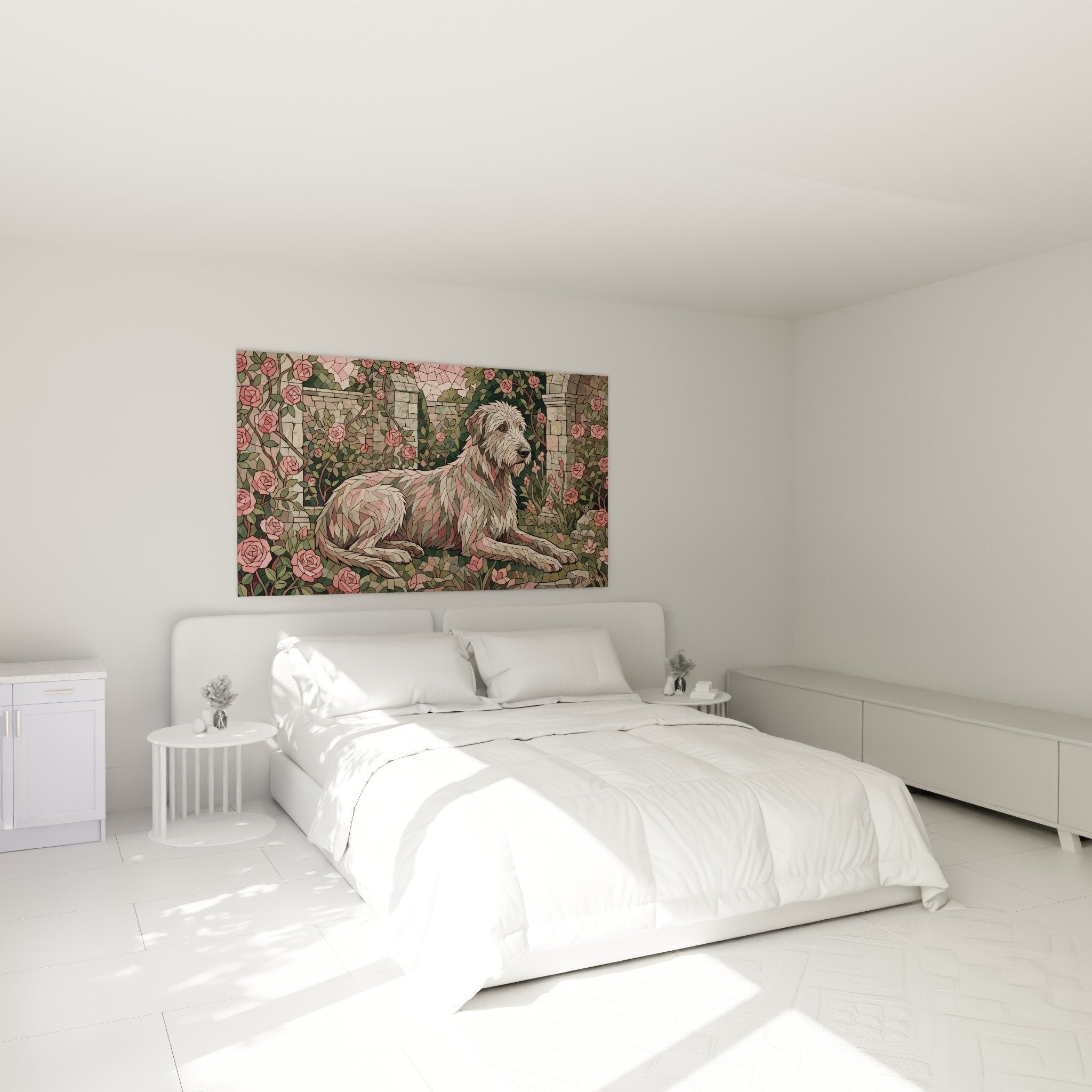Deco chambre tableau Irish Wolfhound mosaique roses jardin ambiance douce romantique tons pouders
