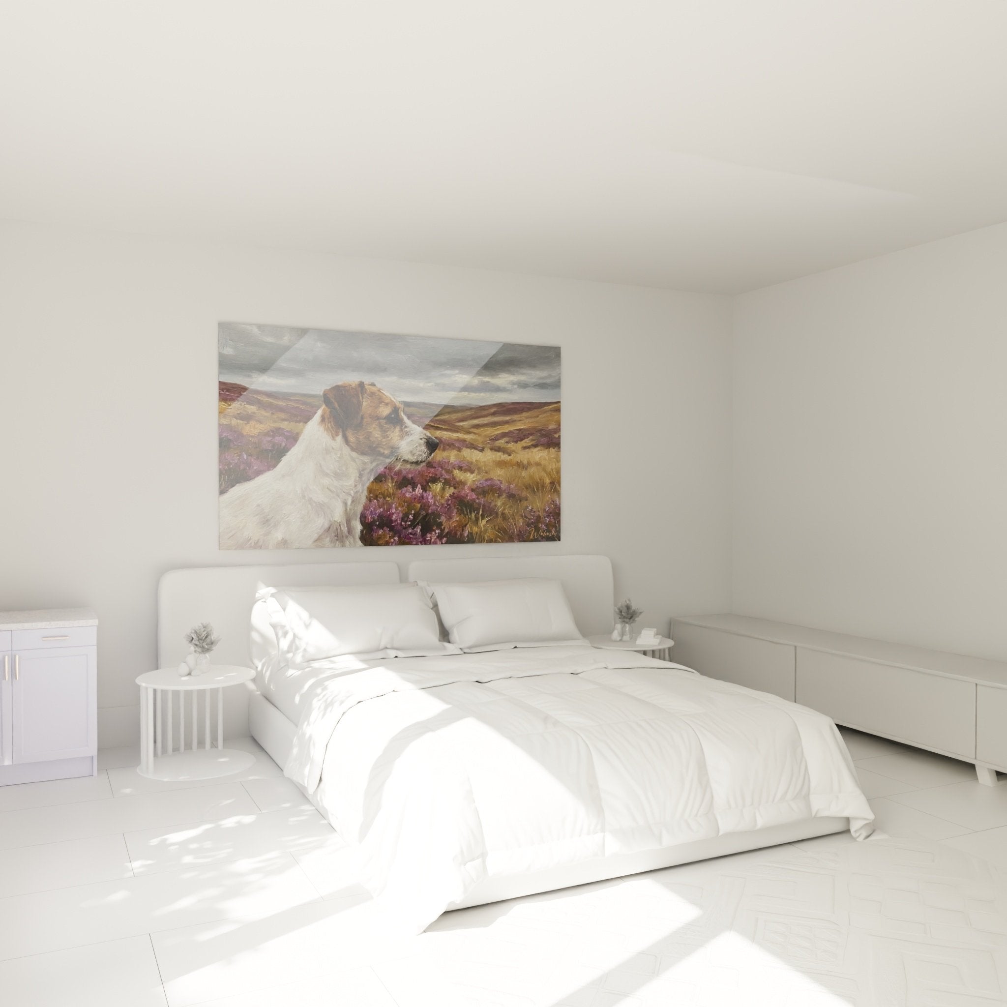 Decoration chambre tableau chien Jack Russel paysage naturel bruyeres violettes ambiance apaisante murale