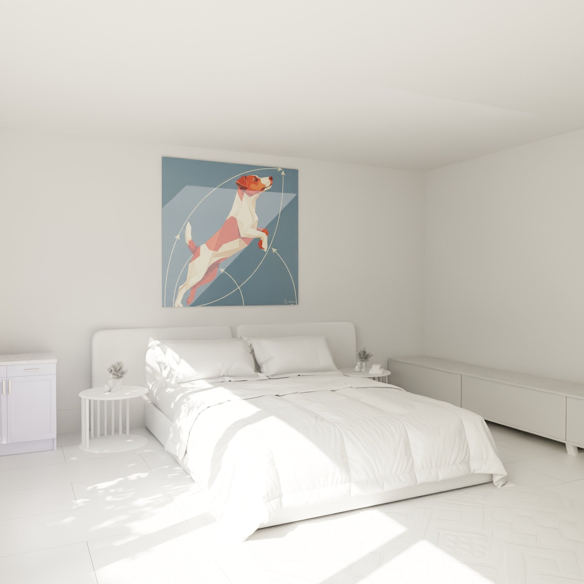 Tableau Jack Russel Terrier saut géométrique décorant chambre moderne murs clairs ambiance contemporaine