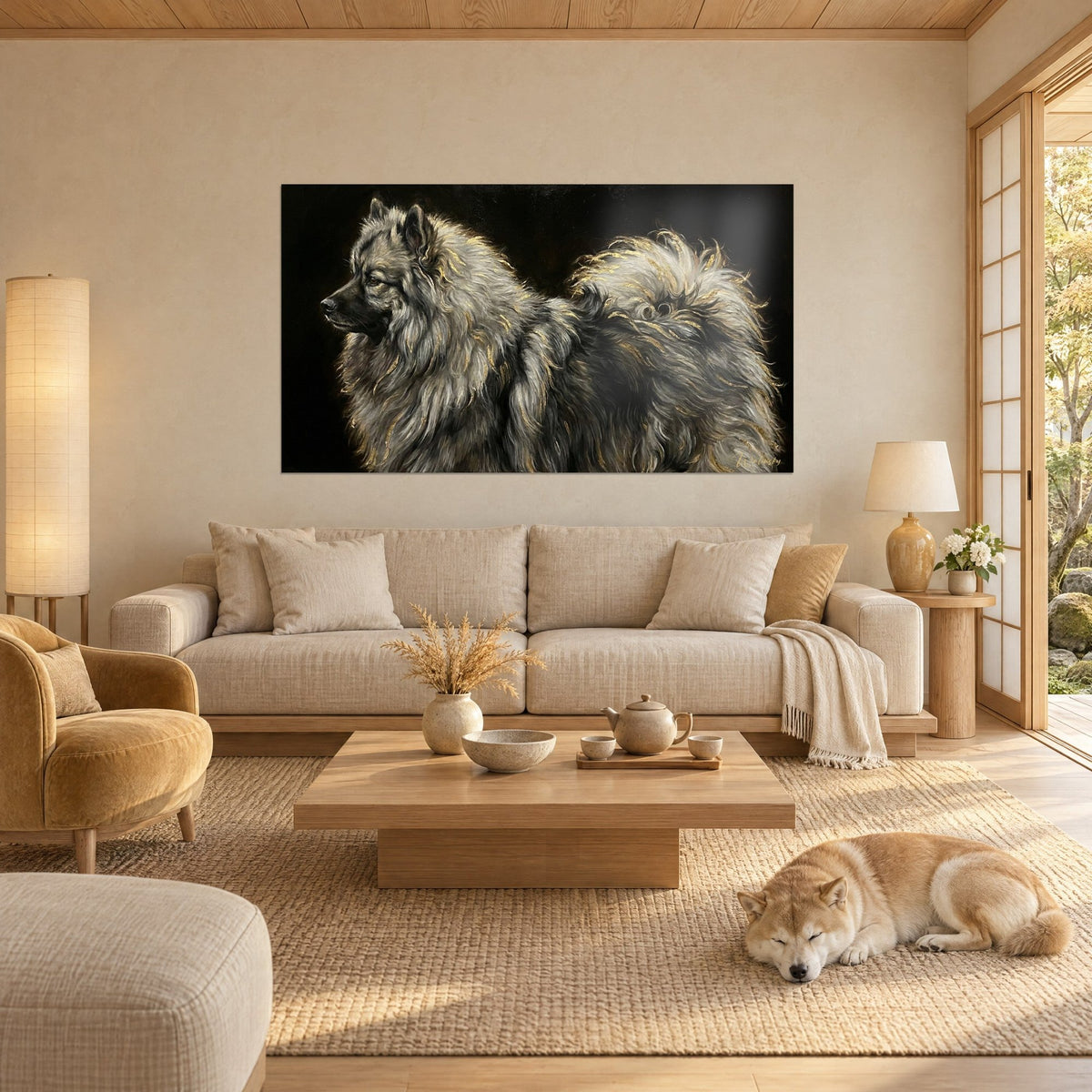 Wall art grey Spitz wolf with golden highlights on black background, above a sofa in a bright living room