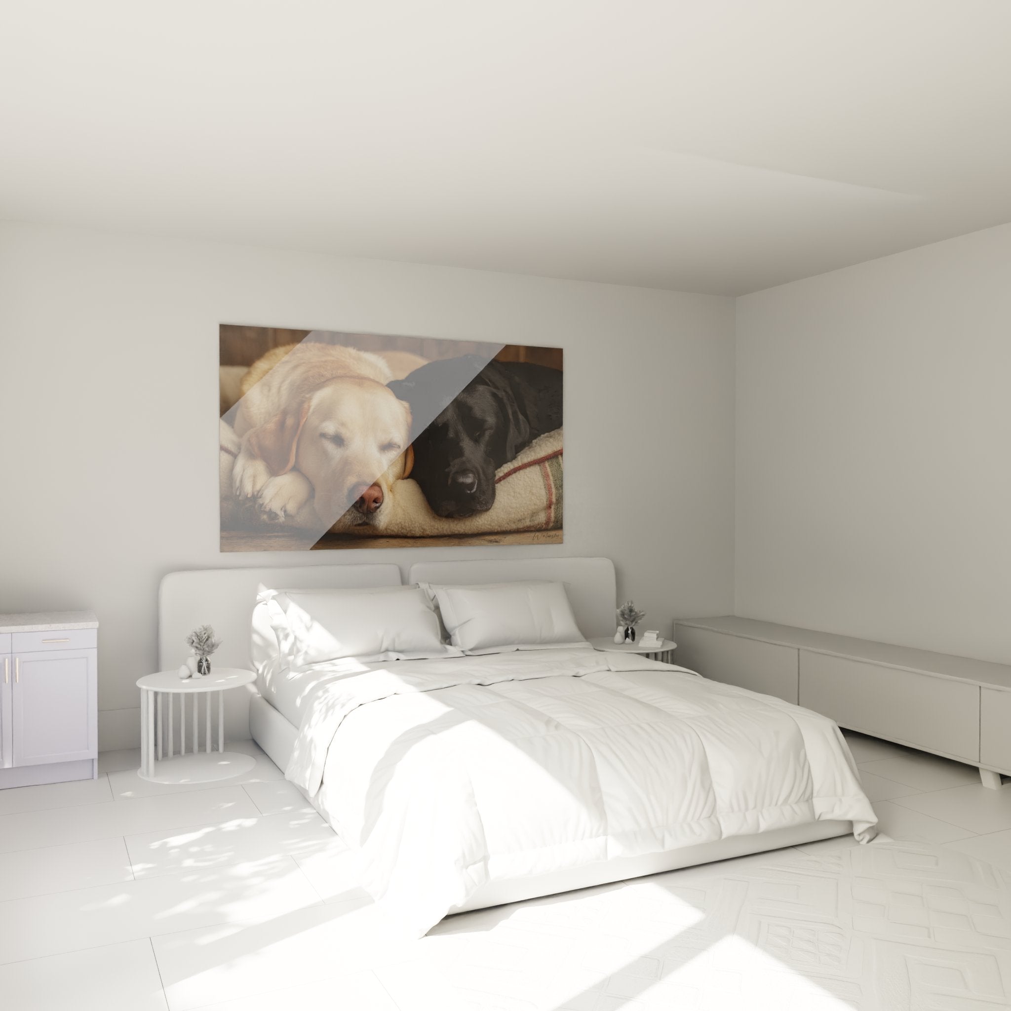 Wall decoration sleeping labradors in cozy bedroom atmosphere beige wall wooden furniture