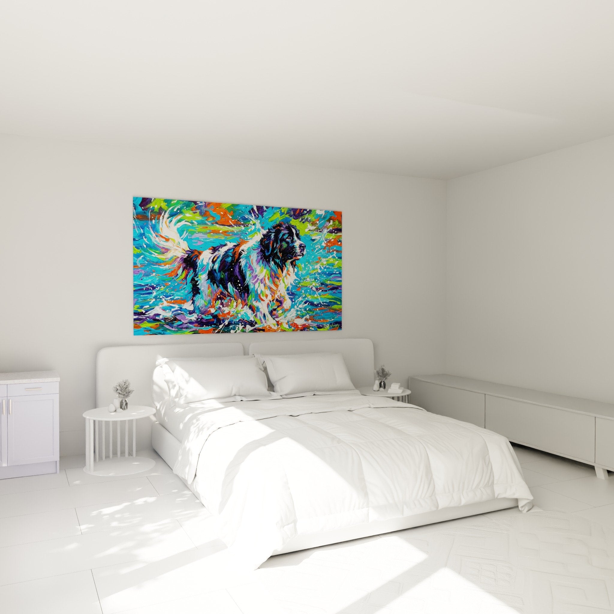 Landseer dog bedroom wall art contemporary art vibrant colors blue green orange purple dynamic atmosphere