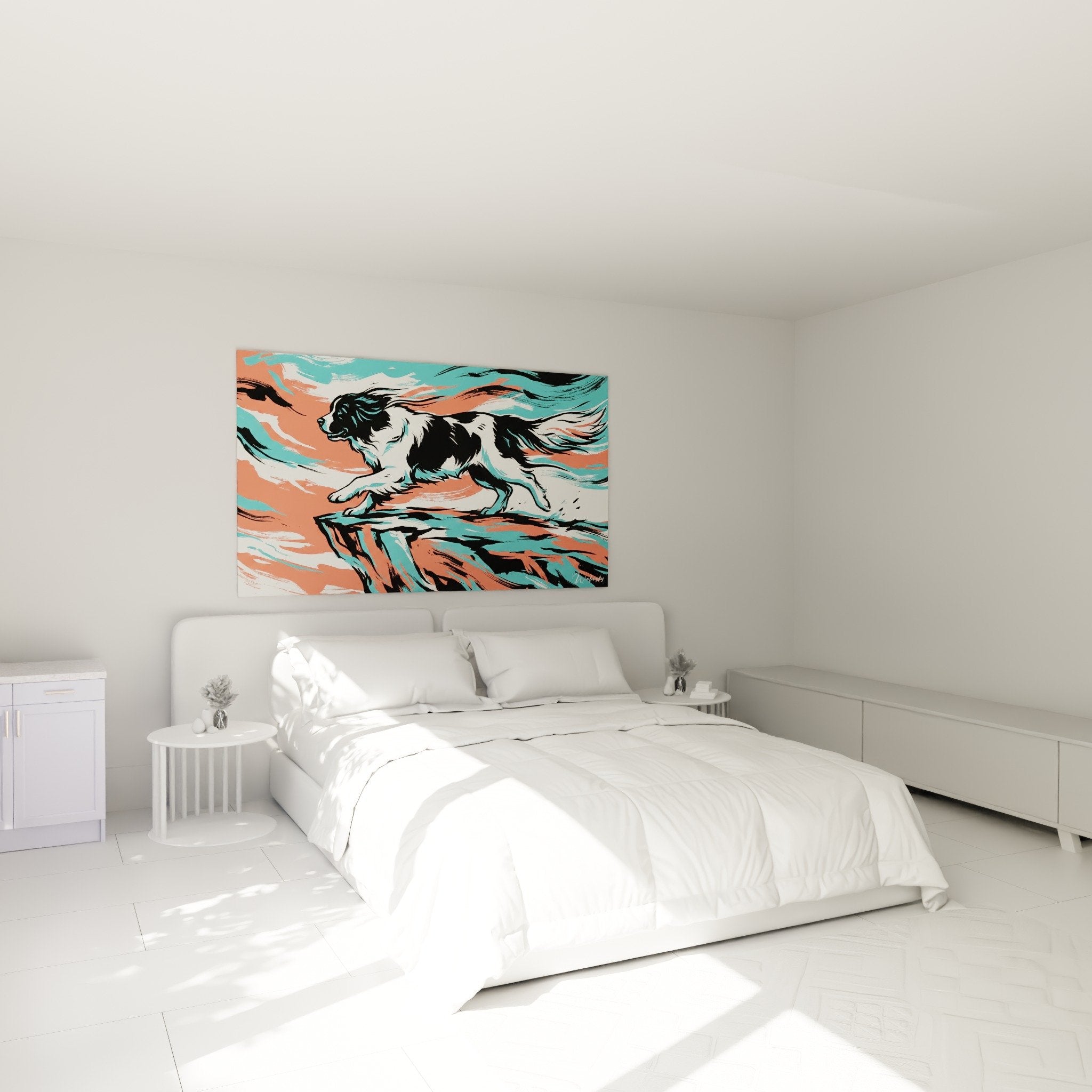 deco chambre tableau landseer artistique couleurs vives turquoise corail ambiance moderne