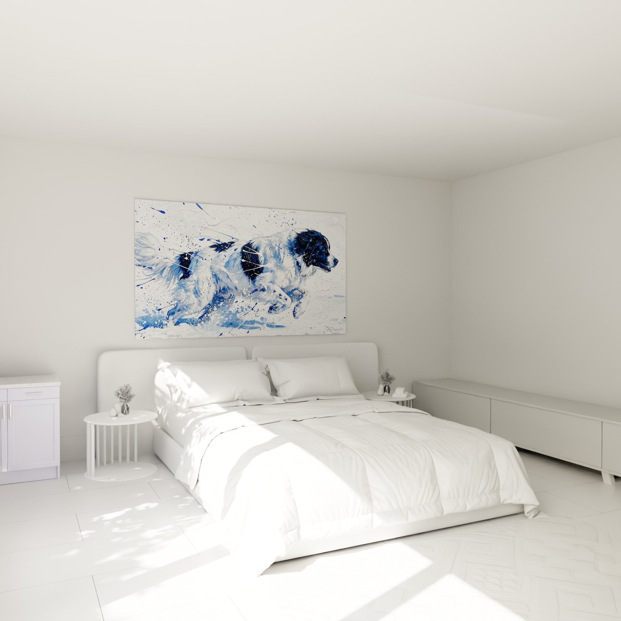 decoration-chambre-tableau-landseer-bleu-blanc-ambiance-moderne-elegante