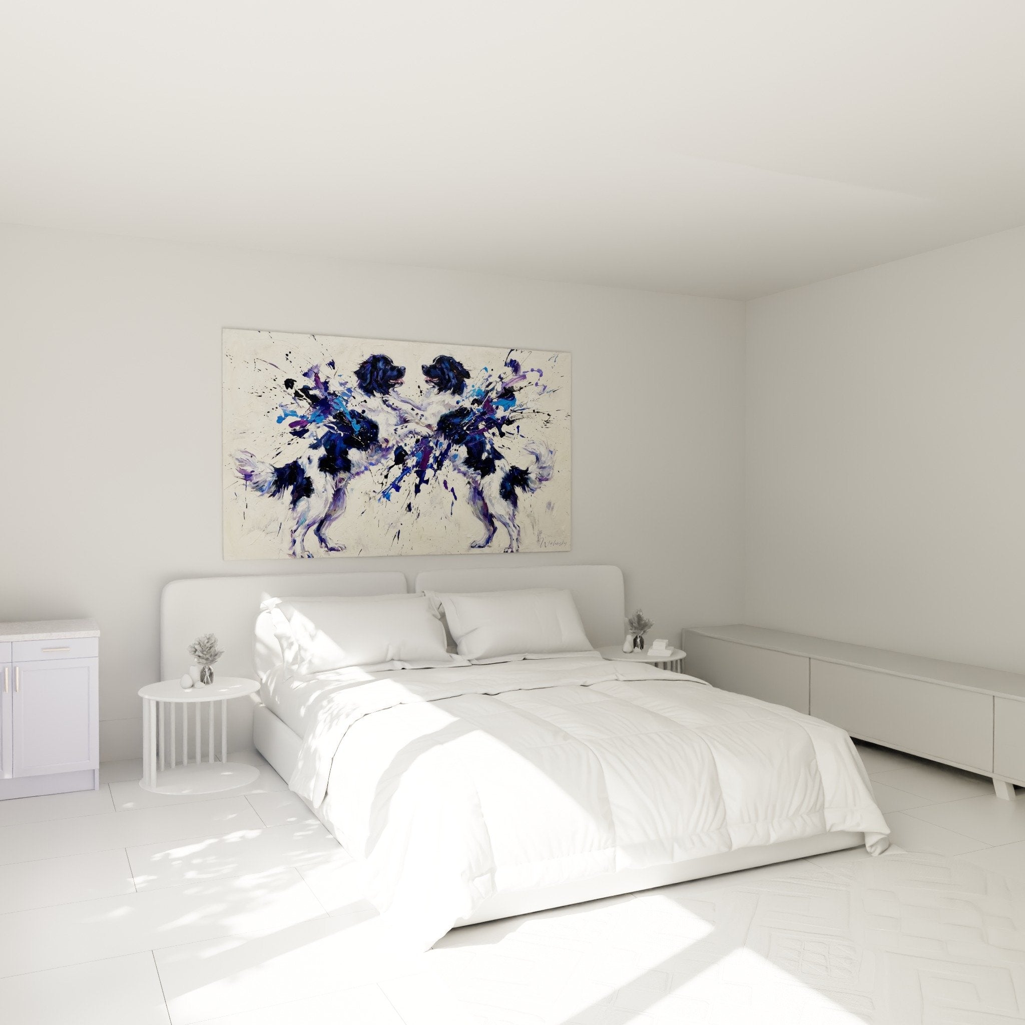 Decoration murale chiens Landseer bleu violet chambre moderne style contemporain artistique expressif