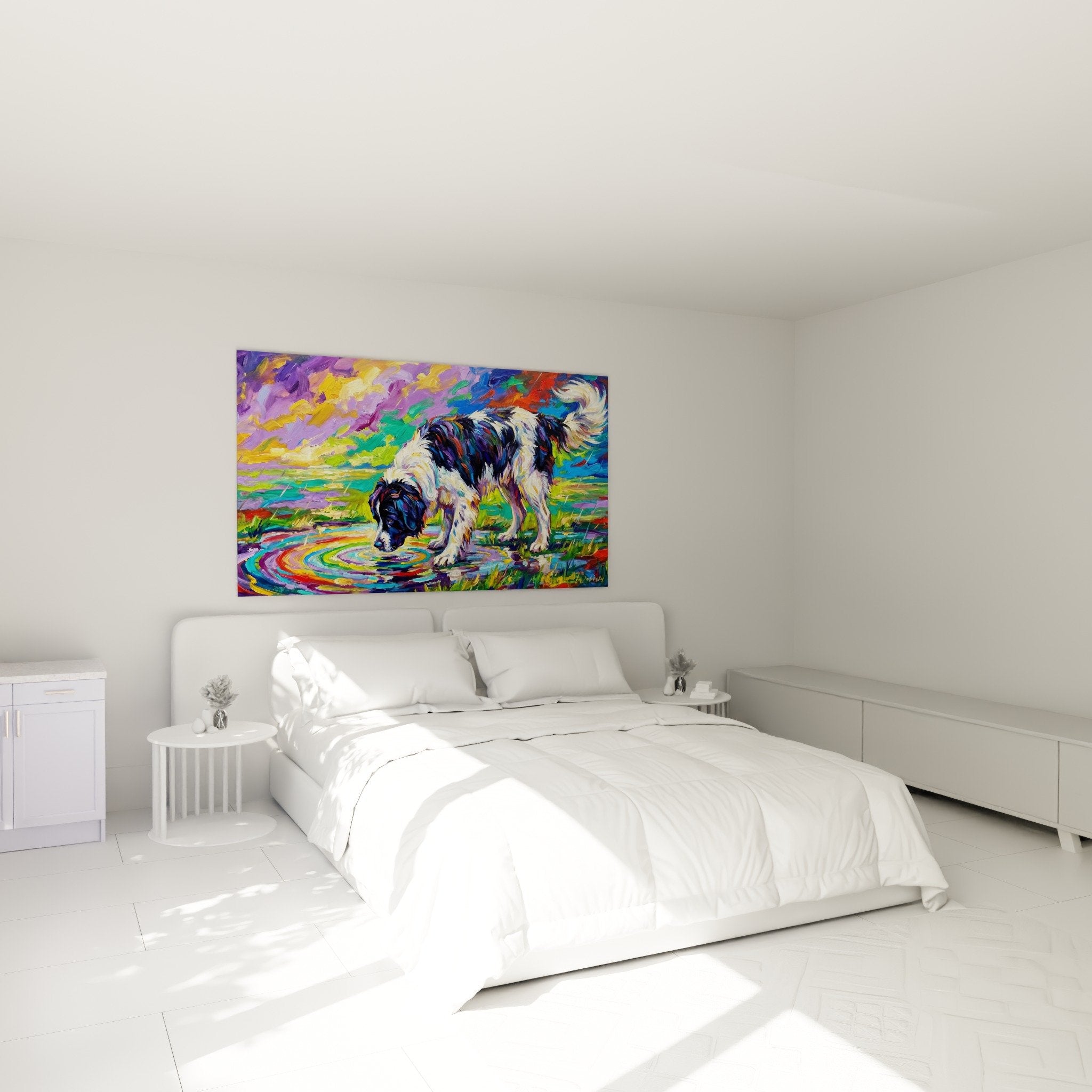 decoration chambre tableau chien landseer reflets arc-en-ciel eau impressionniste violet turquoise