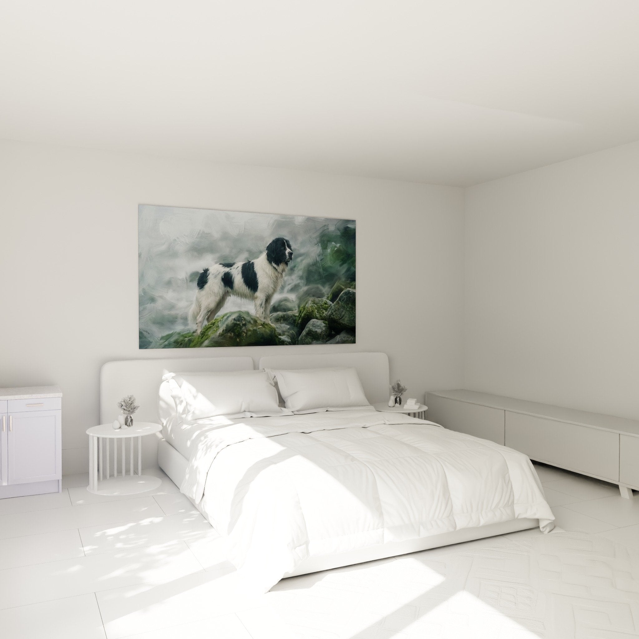 Deco chambre tableau Landseer majestueux rochers verts brume atmosphere dramatique murale