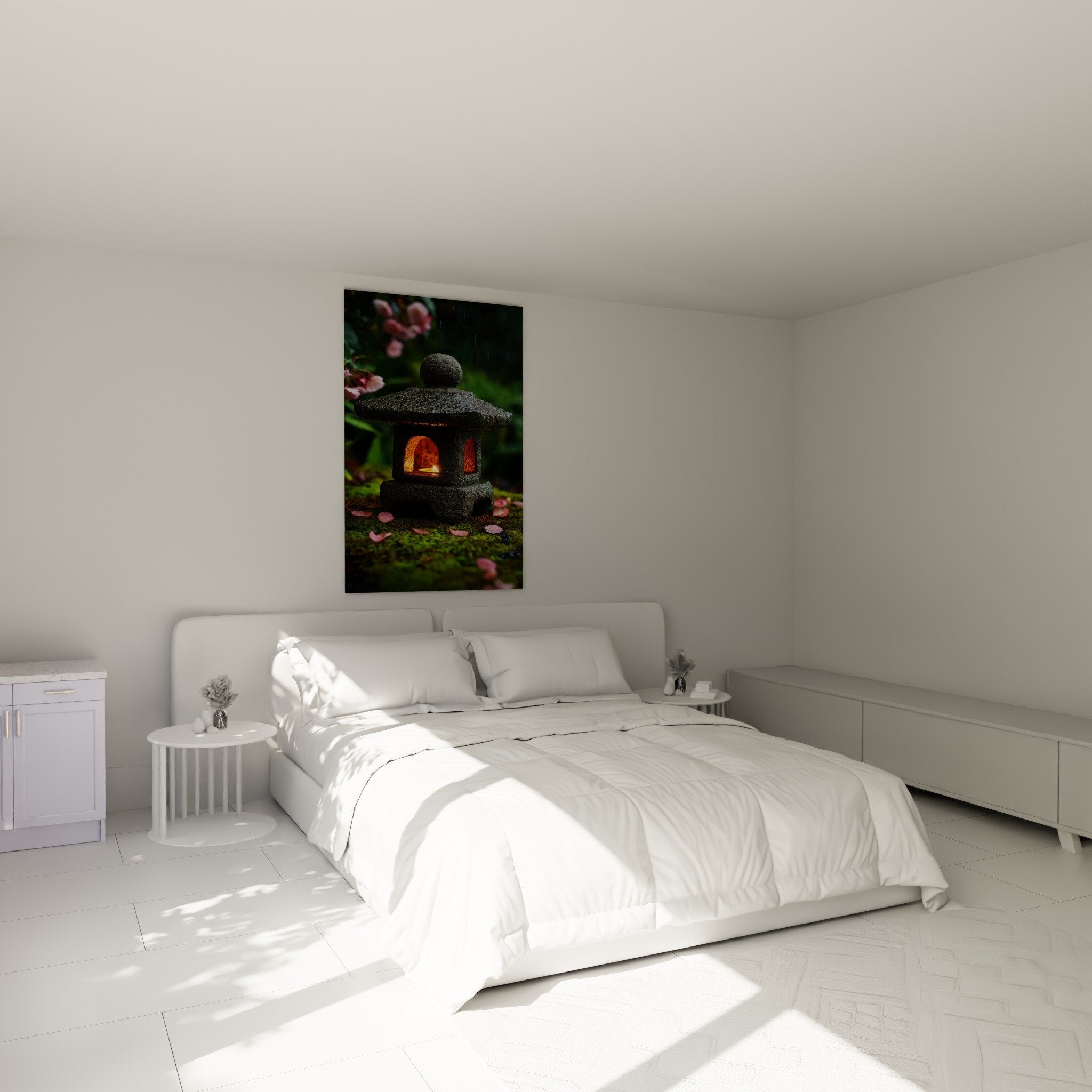 Tableau lanterne japonaise zen dans chambre avec décoration minimaliste et ambiance apaisante