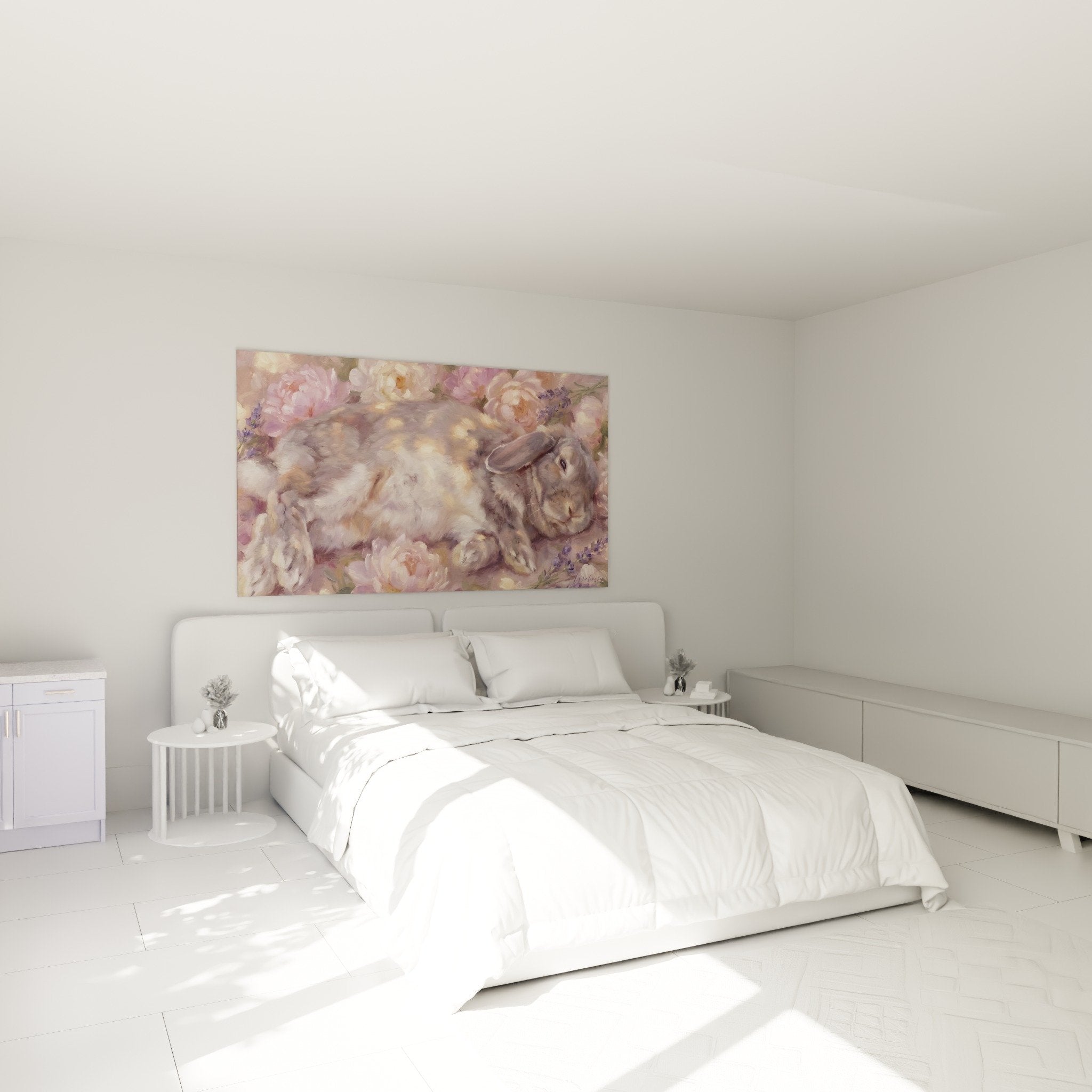 Wanddekoration Kaninchen Pastell mit Pfingstrosen über einem Bett in einem romantischen Schlafzimmer installiert