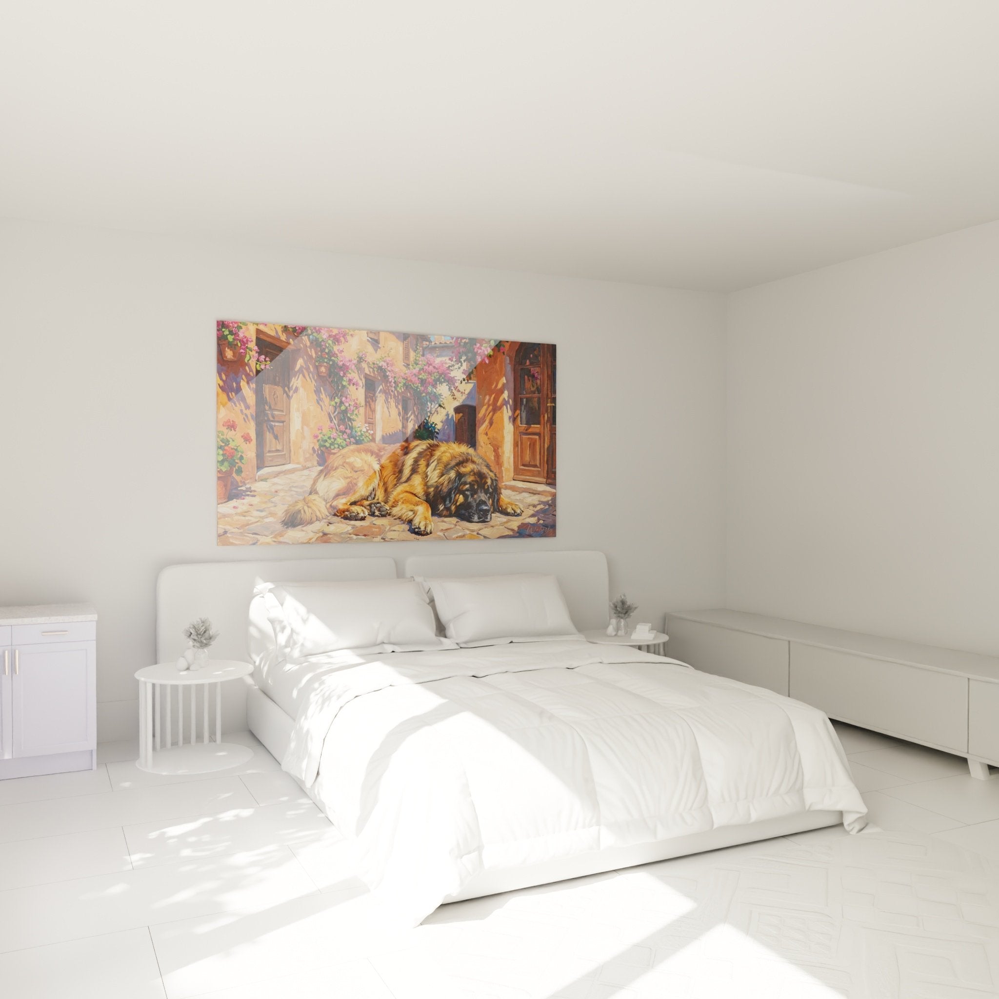 Décoration chambre avec tableau chien Leonberg au repos sur pierres fleuries ambiance méditerranéenne chaleureuse