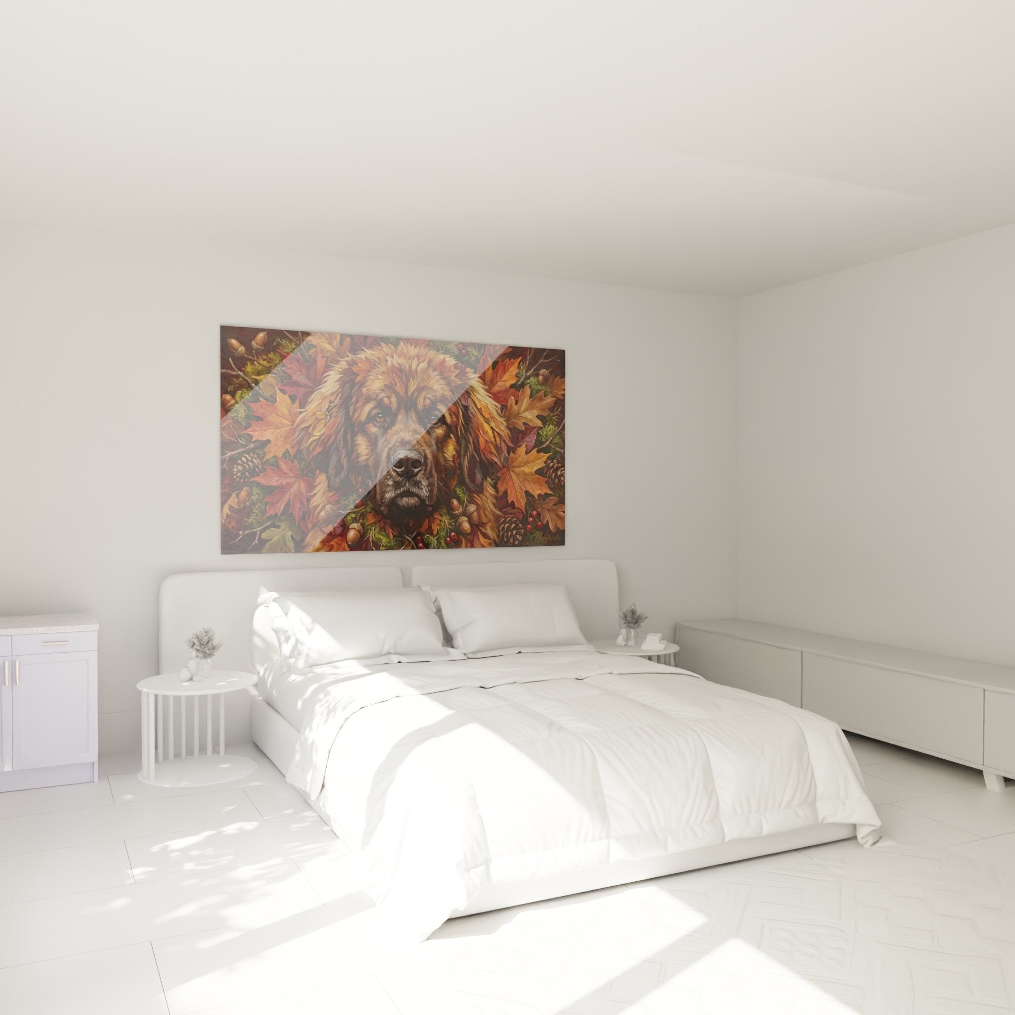 Tableau mural Leonberg tons dorés installé au-dessus d'un lit dans chambre moderne aux tons chauds