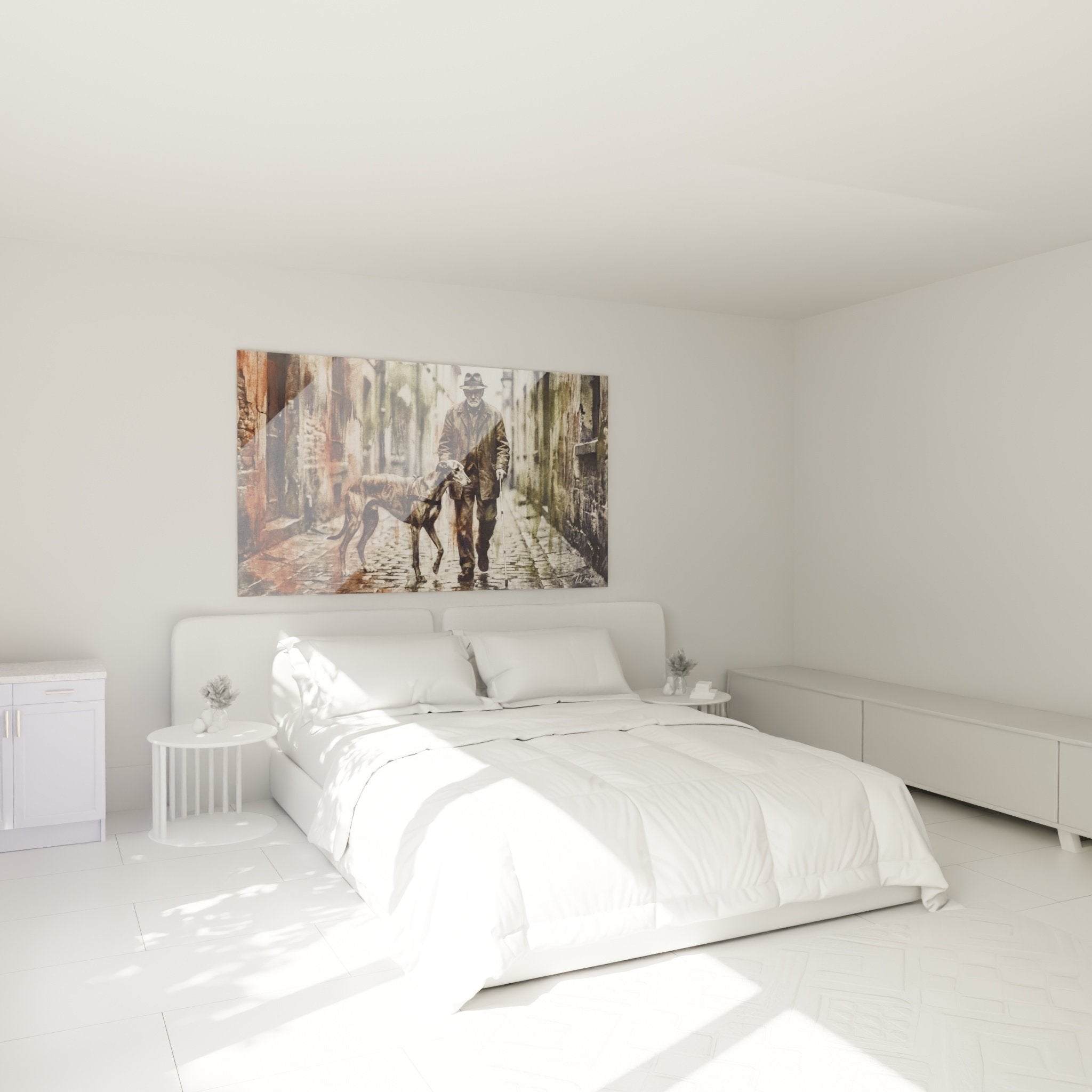 Tableau levrier greyhound et maitre en ruelle pavee decore chambre ambiance cosy tons ocre verts chaleureux