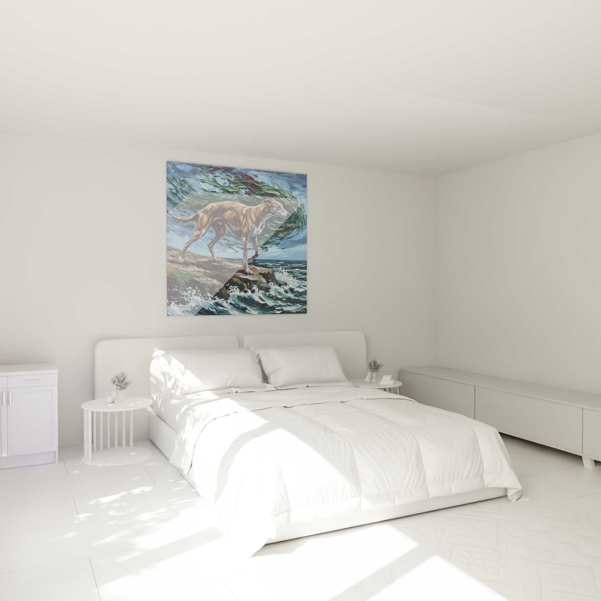 Decoration murale levrier sur falaise maritime chambre ambiance elegante tons fauves bleus