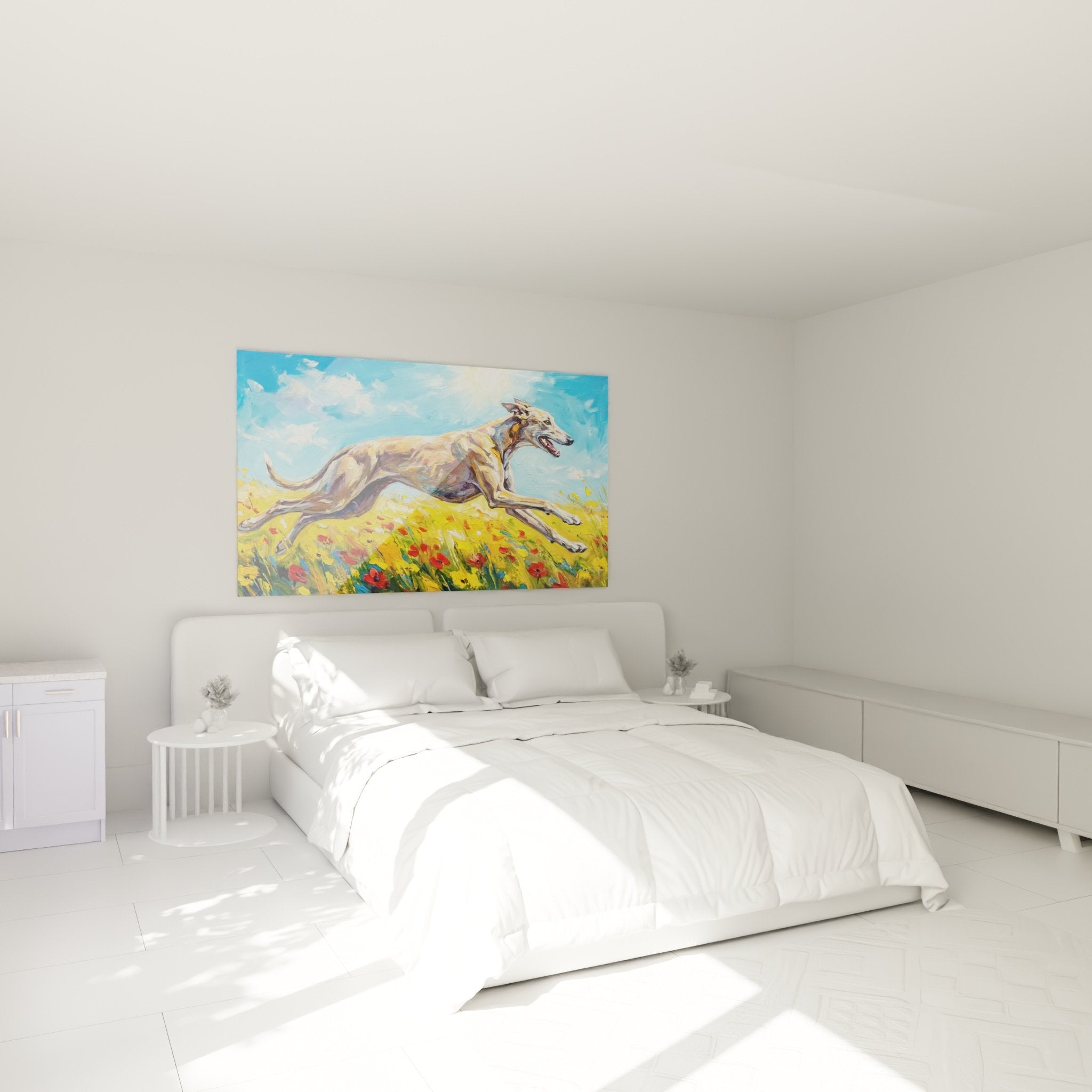 Decoration chambre tableau levrier course prairie fleurie ambiance naturelle couleurs vives