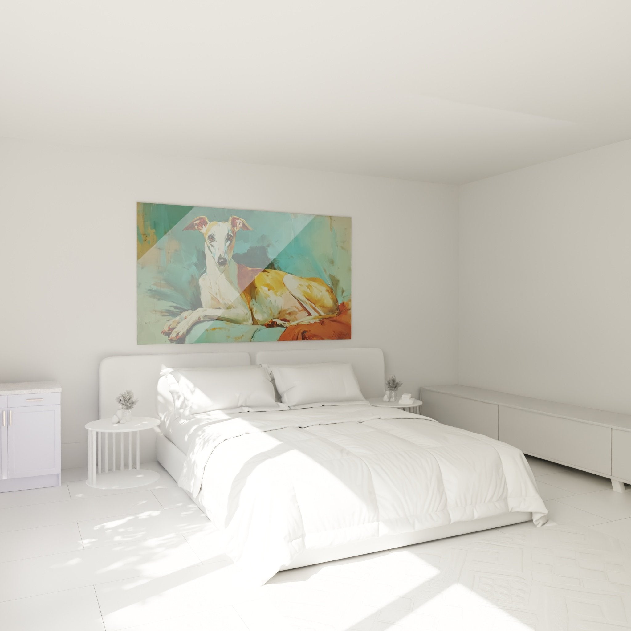 decoration murale levrier whippet chambre moderne couleurs turquoise orange ambiance apaisante